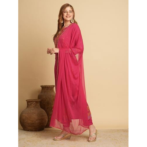 ANNI DESIGNER Women's Cotton Blend Straight Printed Kurta with Pant & Dupatta (Kamita Pink-NW_L_Pink_Large)