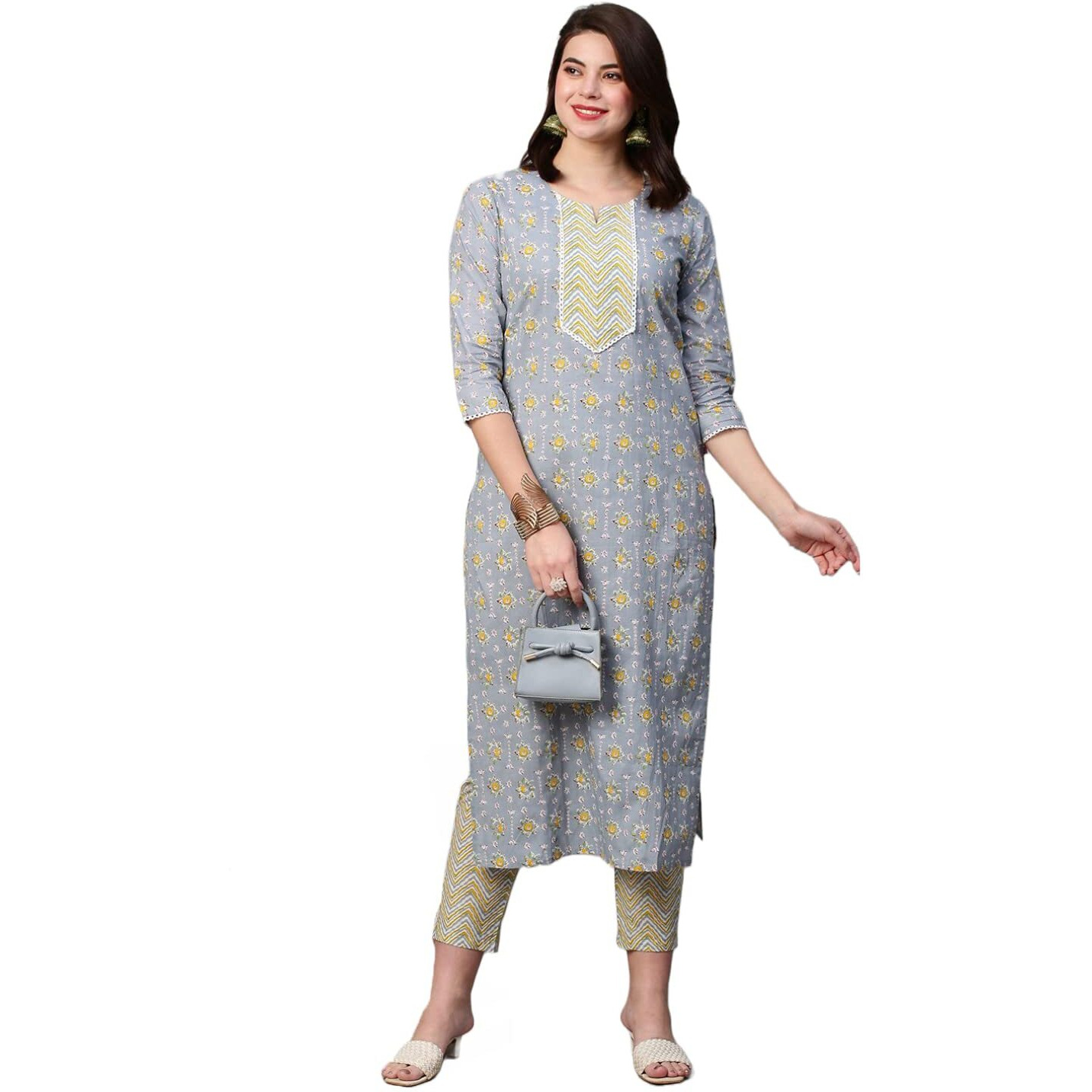 ANNI DESIGNER Women's Cotton Blend Printed Straight Kurta with Pant (Mikaa Grey-NwFB08_XL_Grey_X-Large)