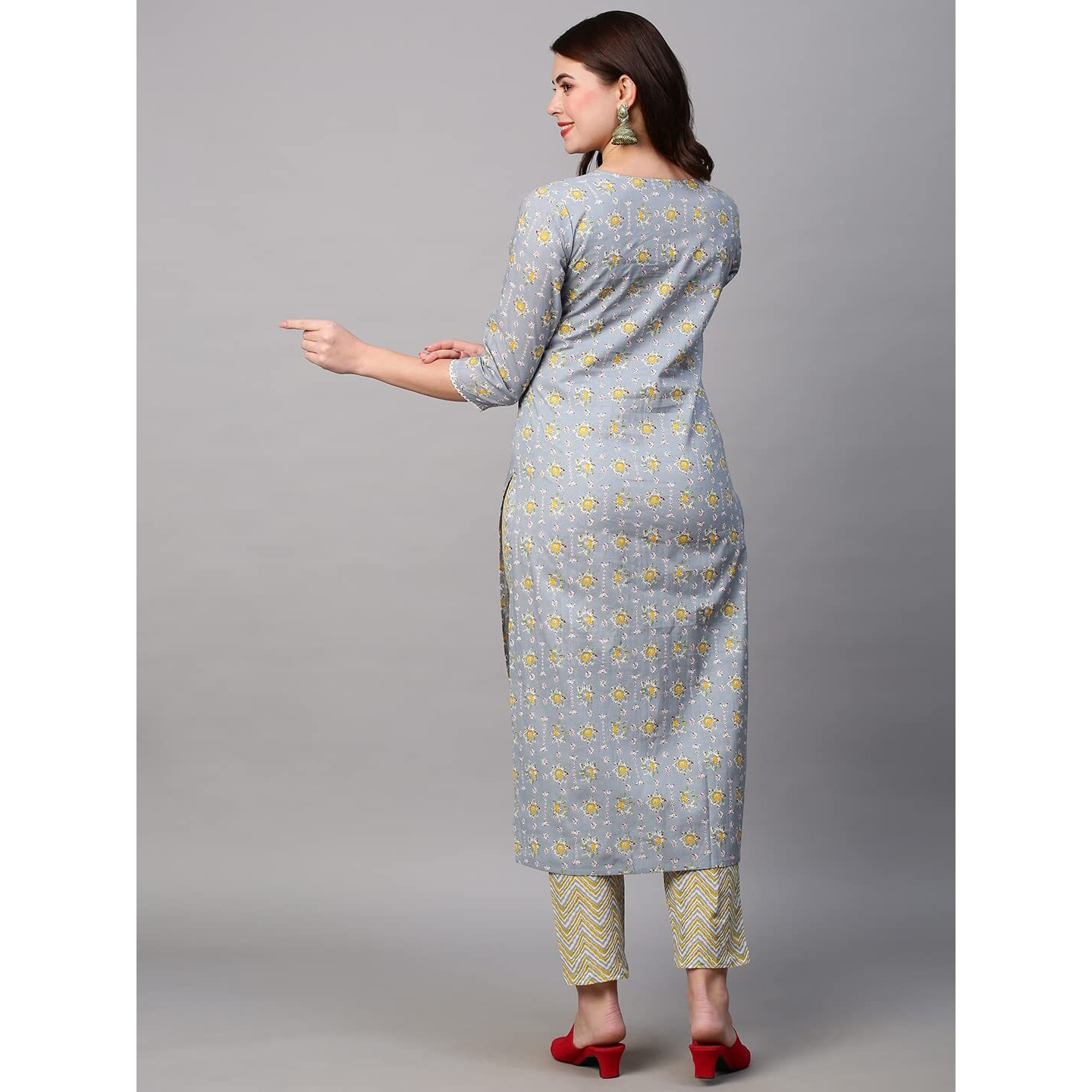 ANNI DESIGNER Women's Cotton Blend Printed Straight Kurta with Pant (Mikaa Grey-NwFB08_XL_Grey_X-Large)