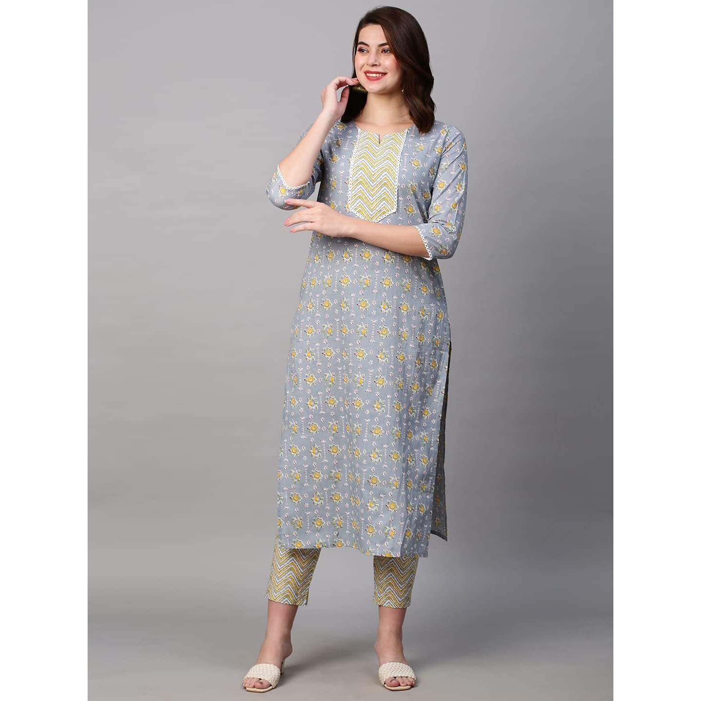 ANNI DESIGNER Women's Cotton Blend Printed Straight Kurta with Pant (Mikaa Grey-NwFB08_XL_Grey_X-Large)