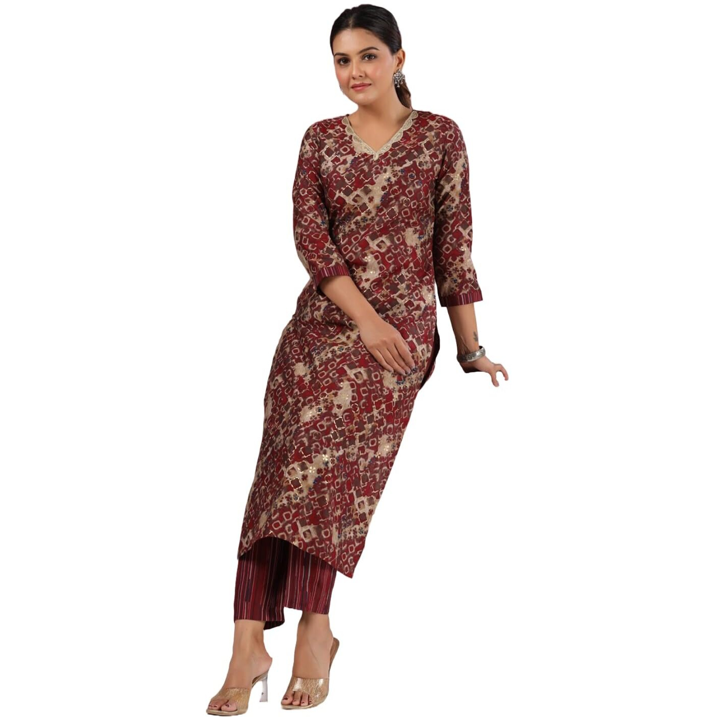 ANNI DESIGNER Women's Rayon Blend Straight Printed Kurta with Pant (Kivala Wine_XL_Wine_X-Large)