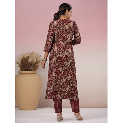 ANNI DESIGNER Women's Rayon Blend Straight Printed Kurta with Pant (Kivala Wine_XL_Wine_X-Large)