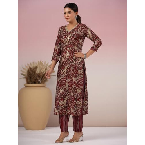 ANNI DESIGNER Women's Rayon Blend Straight Printed Kurta with Pant (Kivala Wine_XL_Wine_X-Large)