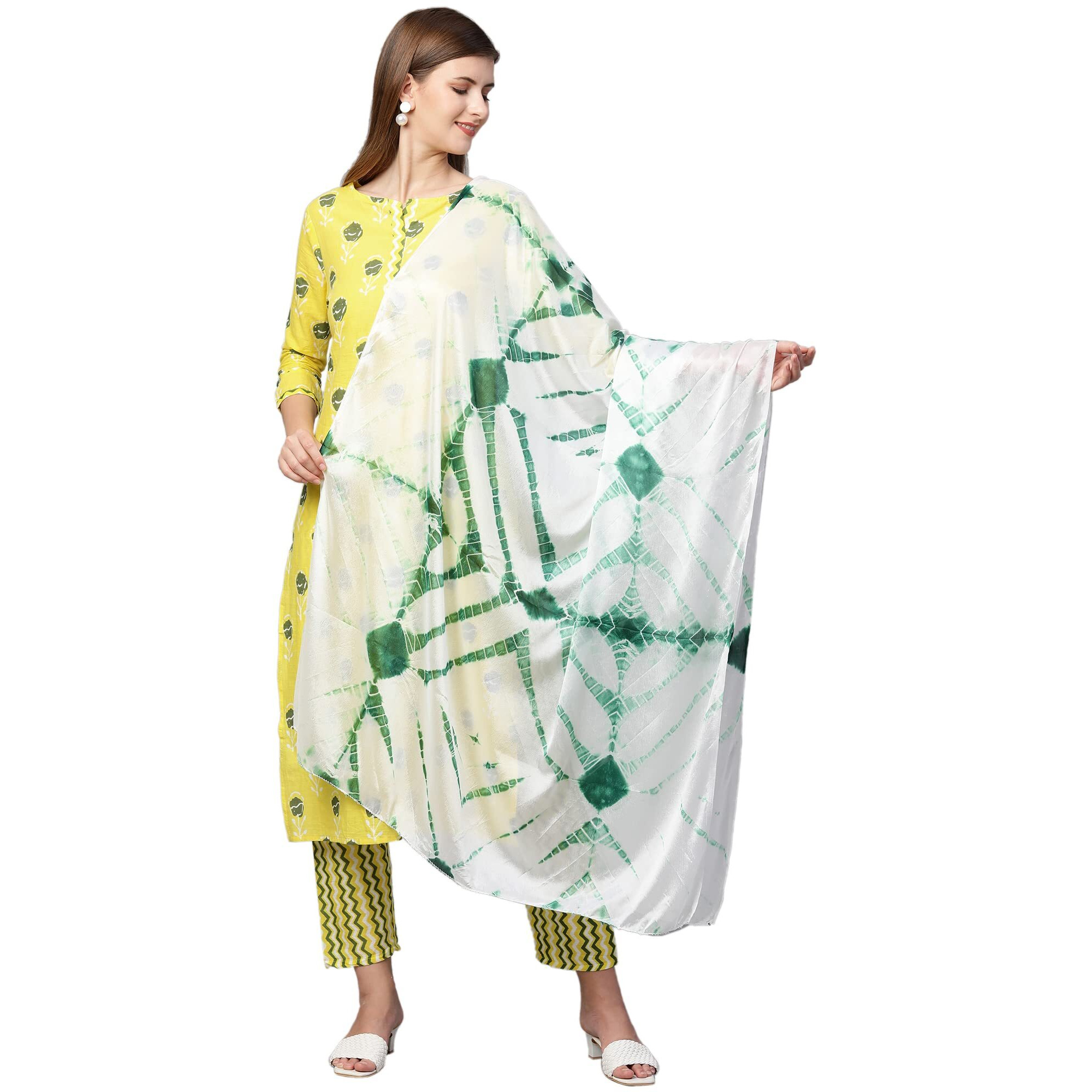 ANNI DESIGNER Women's Cotton Straight Kurta with Pant & Dupatta (KPTD-COT-10056-YELLOW_XXL_Yellow_XX-Large)