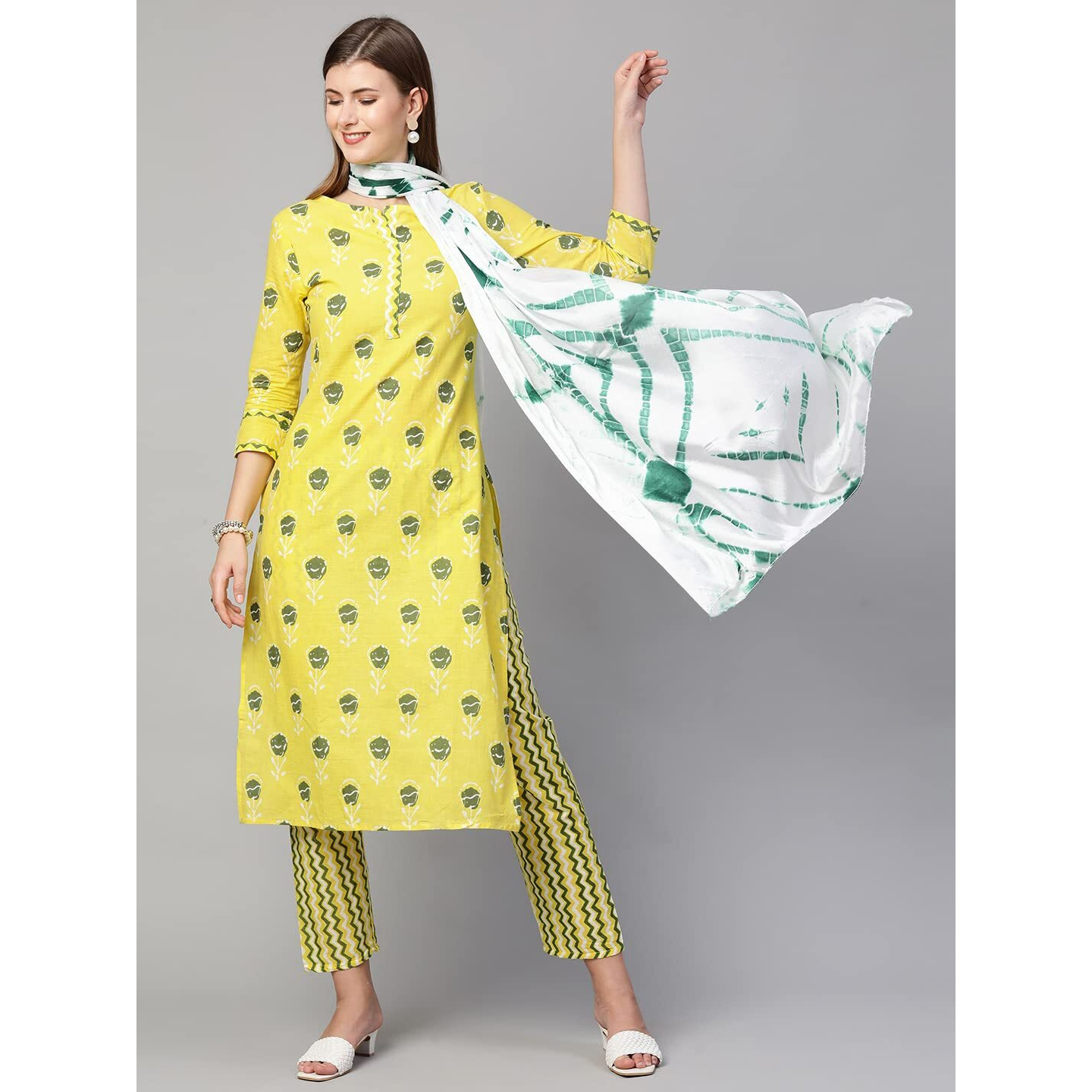 ANNI DESIGNER Women's Cotton Straight Kurta with Pant & Dupatta (KPTD-COT-10056-YELLOW_XXL_Yellow_XX-Large)
