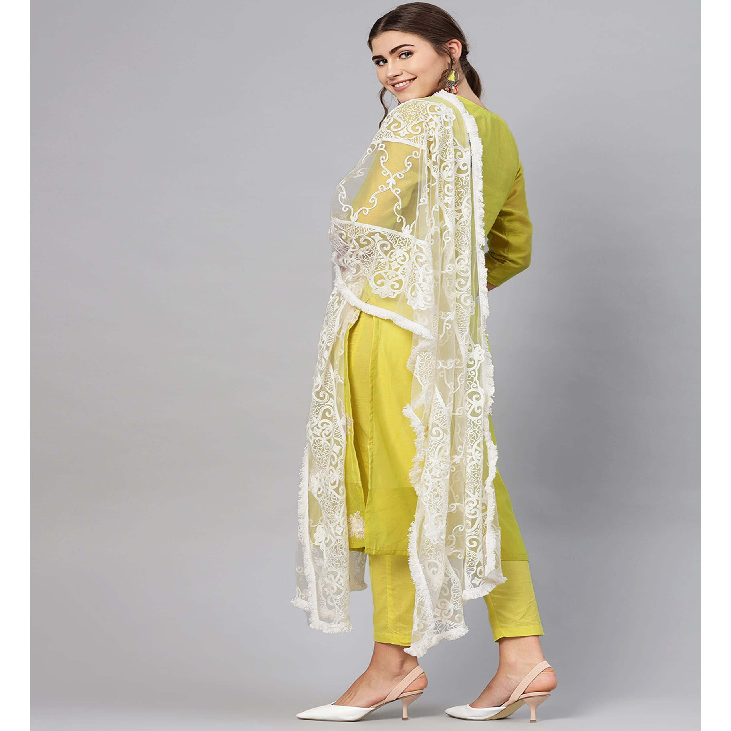 ANNI DESIGNER Women's Ruby Cotton Straight Embroidery Kurti with Pant & Dupatta Set (WHITE-SHOW-Light-Nw)