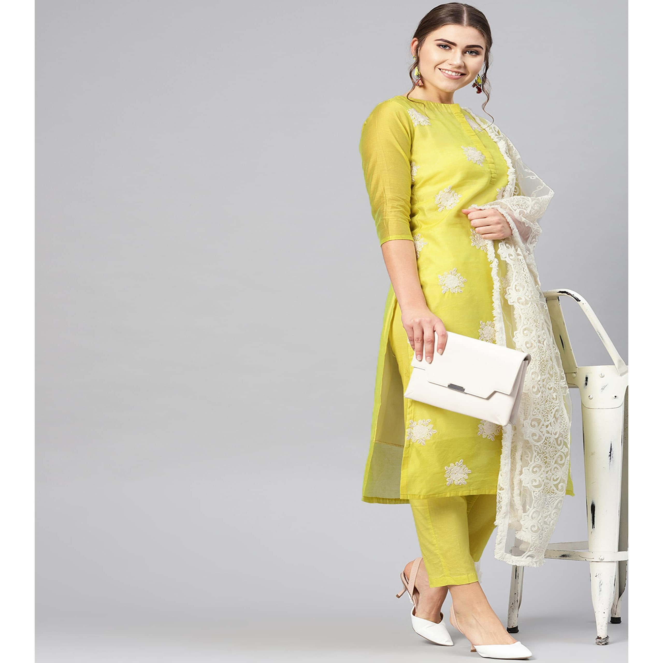 ANNI DESIGNER Women's Ruby Cotton Straight Embroidery Kurti with Pant & Dupatta Set (WHITE-SHOW-Light-Nw)
