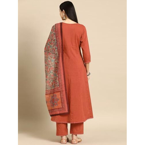 ANNI DESIGNER Women's Cotton Blend Anarkali Solid Kurta with Pant & Dupatta (UTSAV PEACH_4XL_Peach_XXXX-Large)