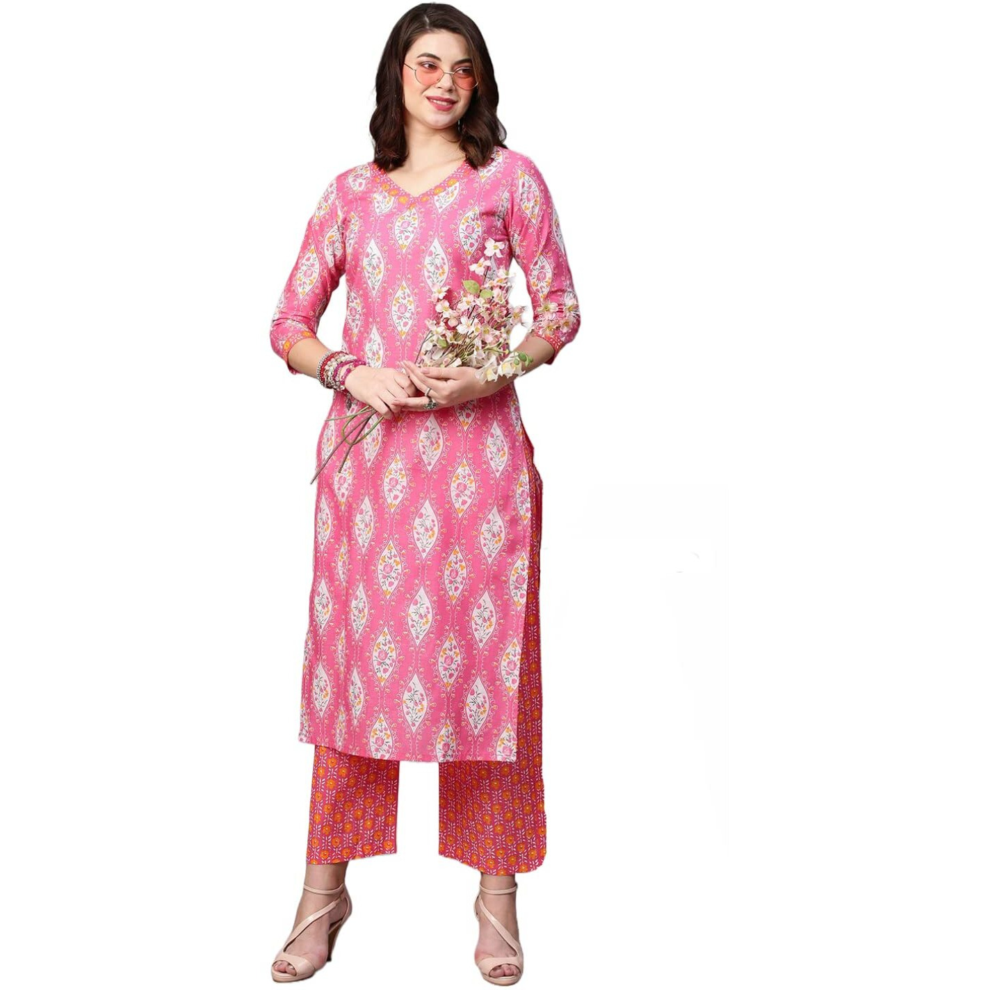 ANNI DESIGNER Women's Cotton Blend Traditional Straight Printed Kurta and Pant Set (Natak Pink_M_Pink_Medium)