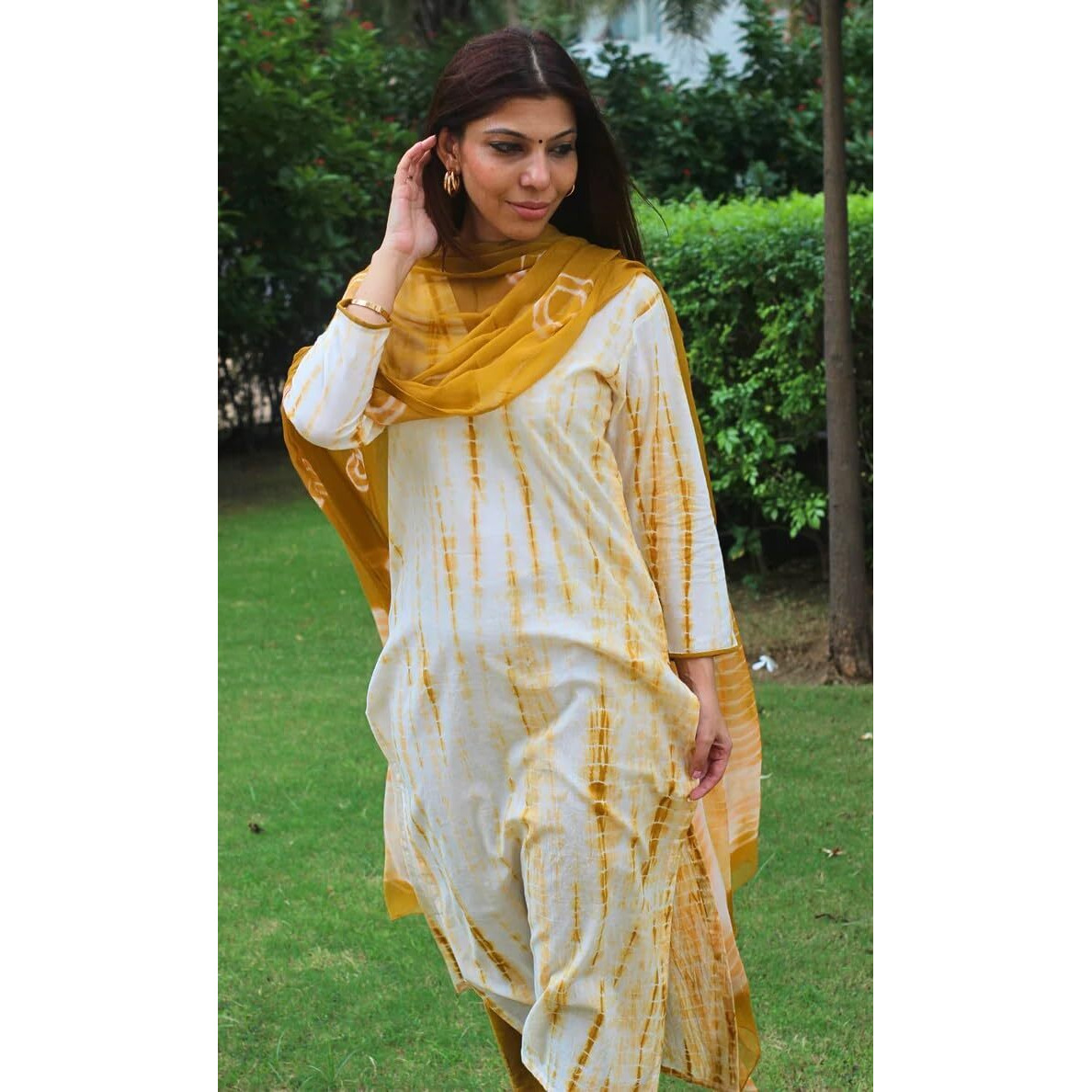 KLOSIA Women Yellow Shibori Printed Straight Kurta and Pant Set with Dupatta | Kurta Set | Ethnic Set | Dupatta Set Office Wear | Ragular wear Kurta Set | (Small)