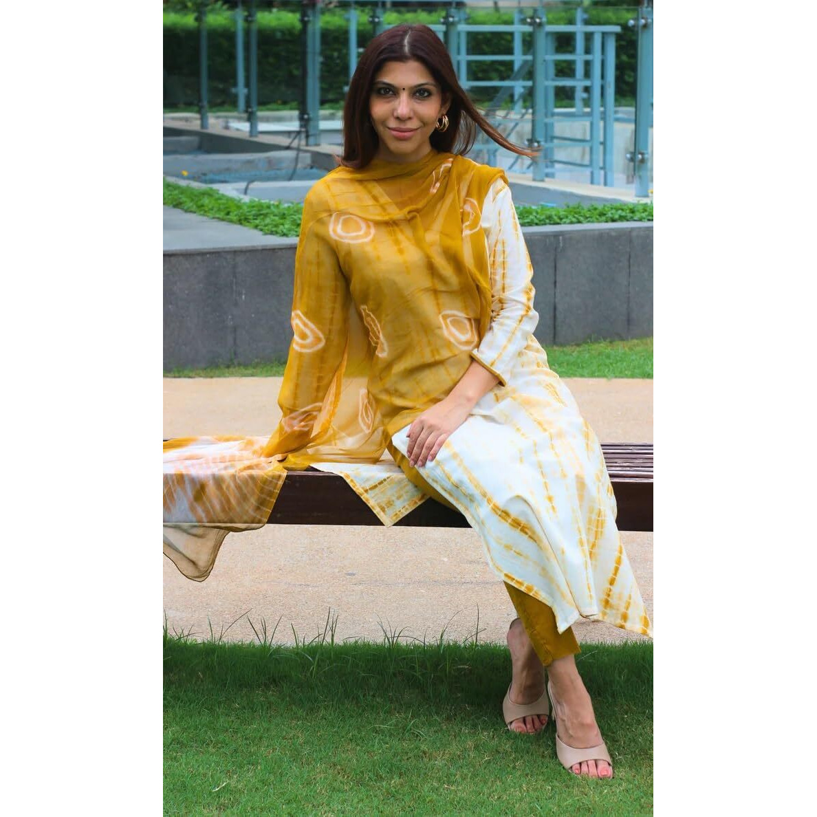 KLOSIA Women Yellow Shibori Printed Straight Kurta and Pant Set with Dupatta | Kurta Set | Ethnic Set | Dupatta Set Office Wear | Ragular wear Kurta Set | (Small)
