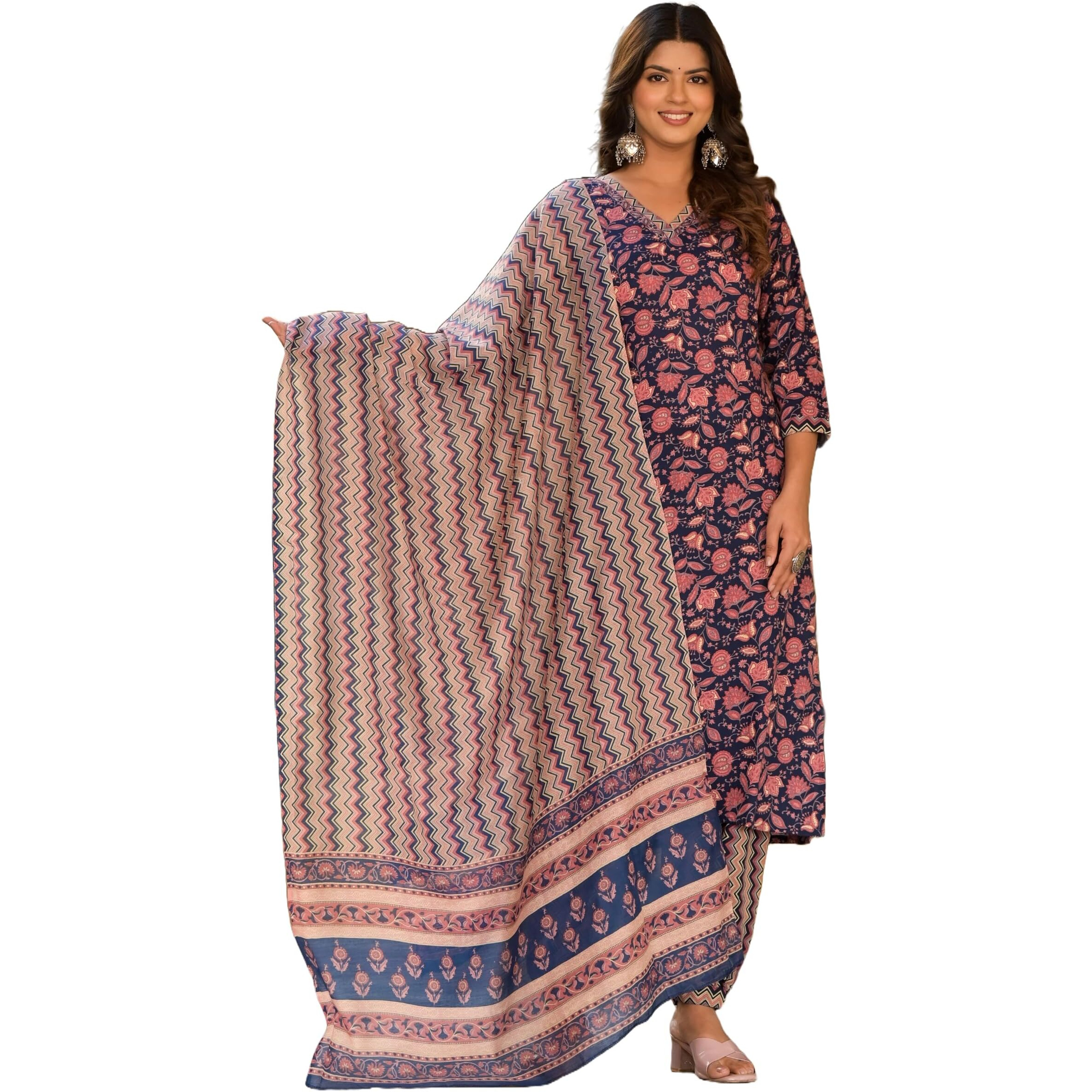 KLOSIA Viscose Women Pink & Indigo Blue Floral Printed Straight Kurta And Pant Set With Dupatta (Medium)