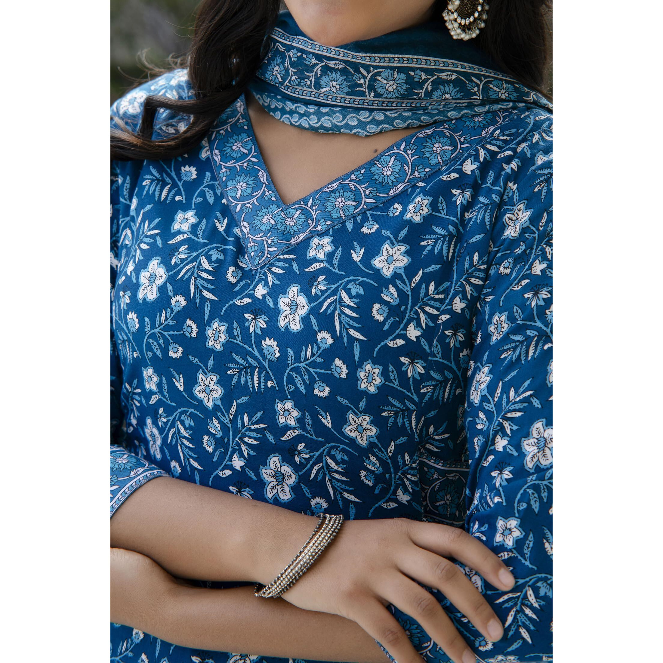 KLOSIA Women Blue Floral Printed Straight Kurta Pant Set with Dupatta | Medium