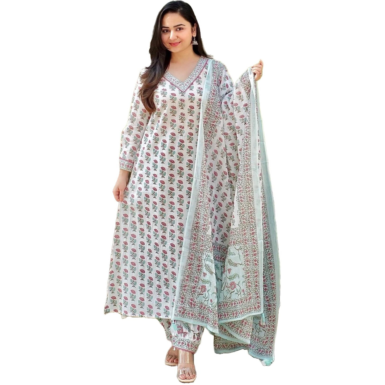 KLOSIA Women Printed Kurta and Pant Set with Dupatta (Medium) White