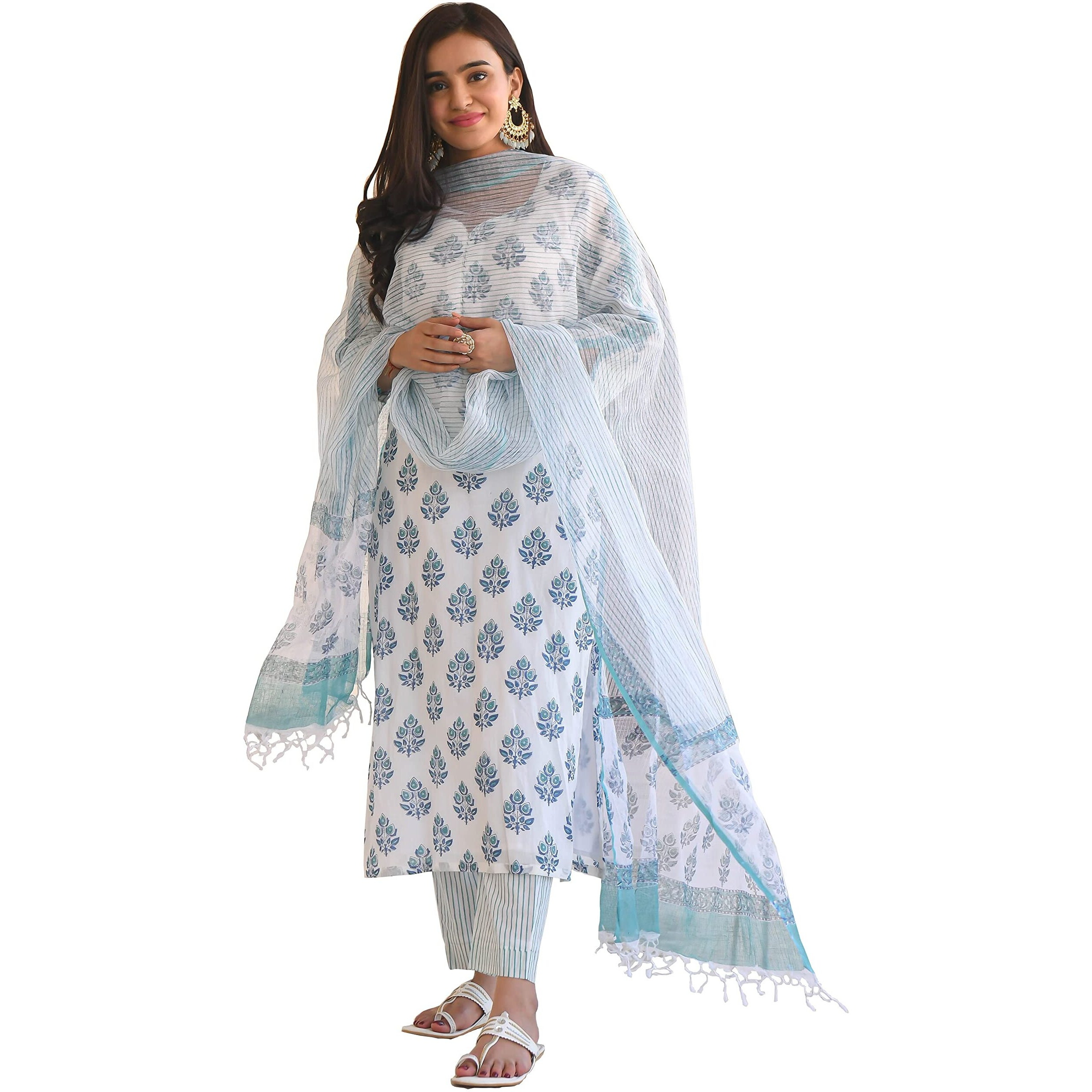 KLOSIA Women's Cotton Straight Kurta Pant With Dupatta Set (Valley_Suit_X-Large_White)