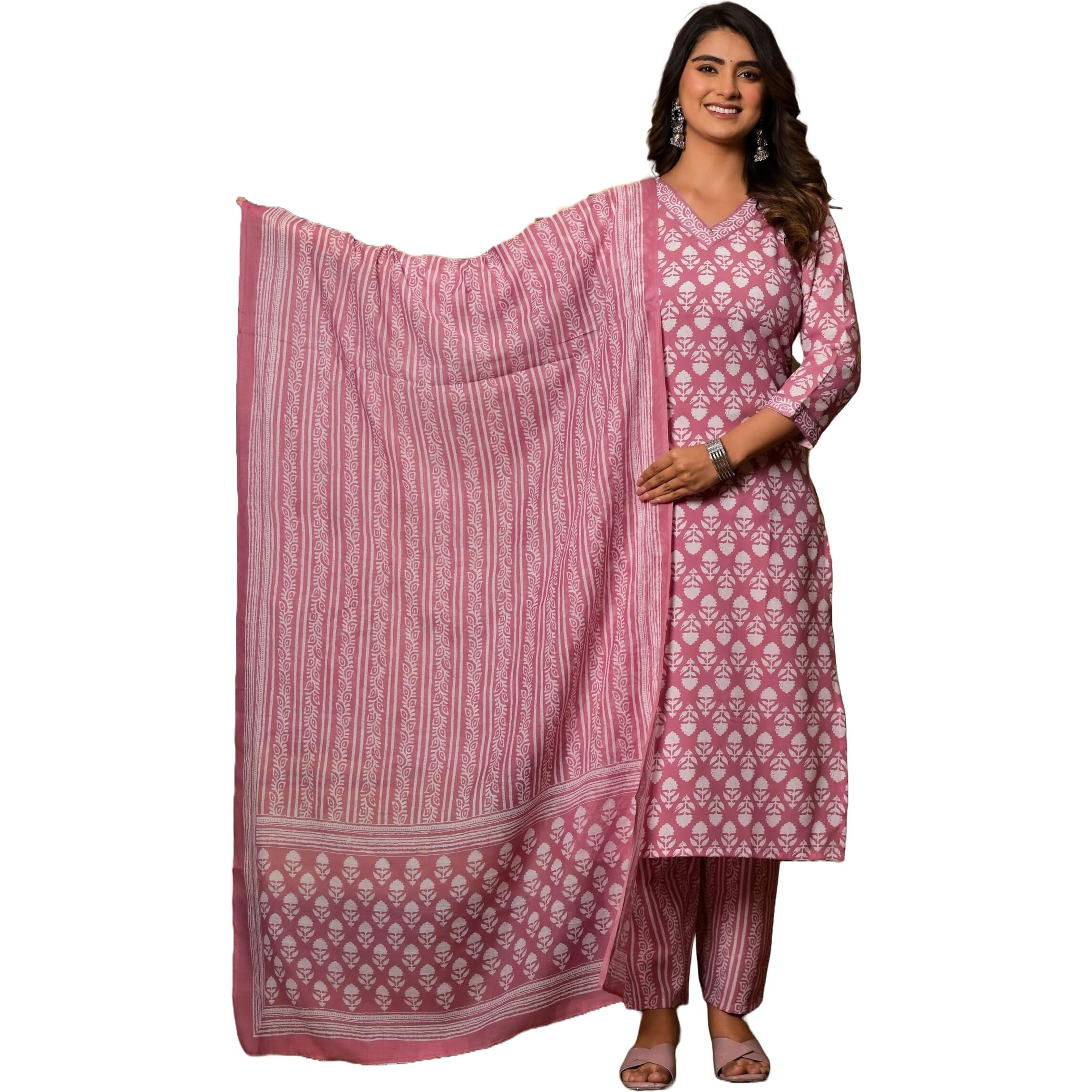 KLOSIA Women's Viscose Printed Straight Kurta and Pant Set With Dupatta (Pink) for Casual, Office Wear, Party, Wedding, Regular & Festive (Medium)
