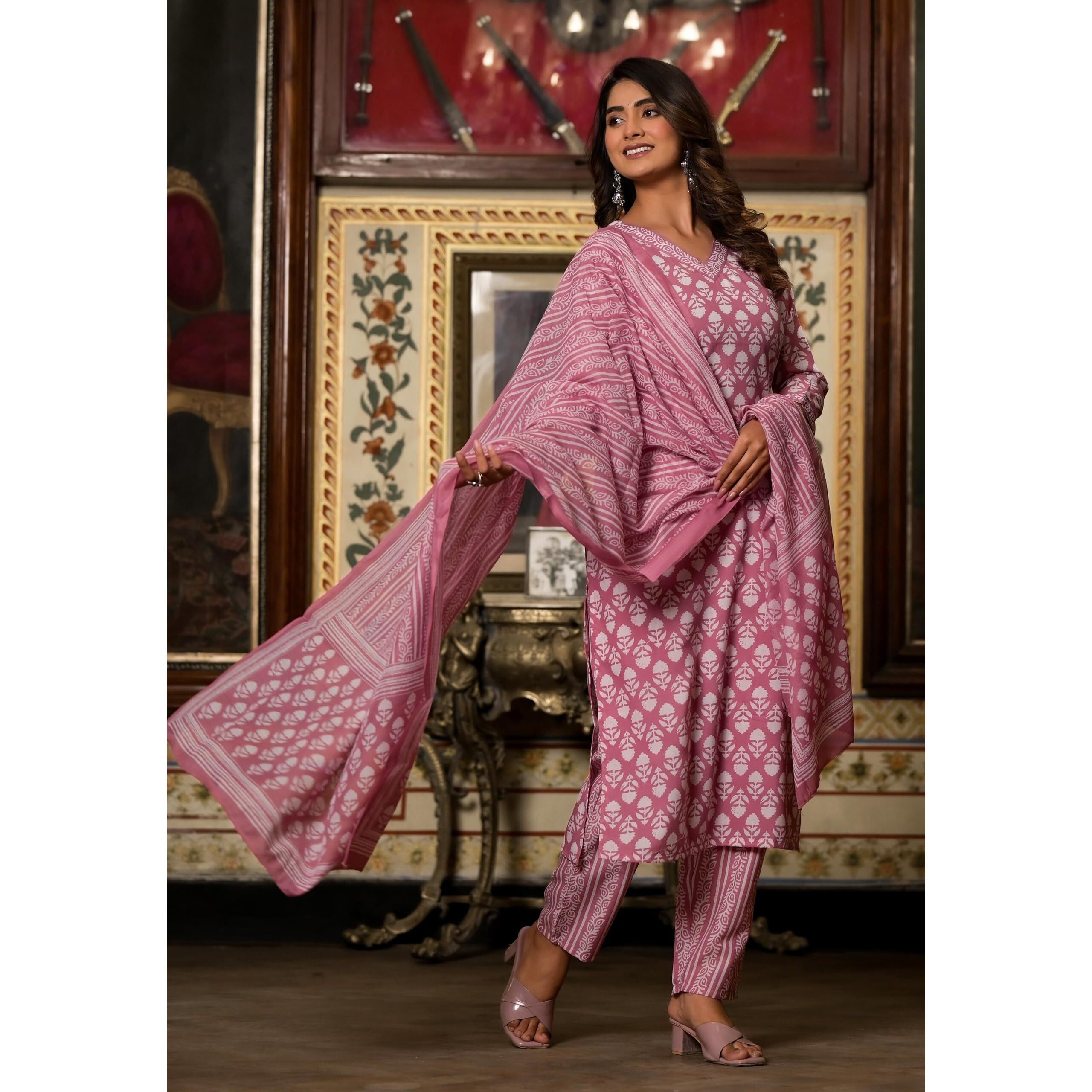 KLOSIA Women's Viscose Printed Straight Kurta and Pant Set With Dupatta (Pink) for Casual, Office Wear, Party, Wedding, Regular & Festive (Medium)