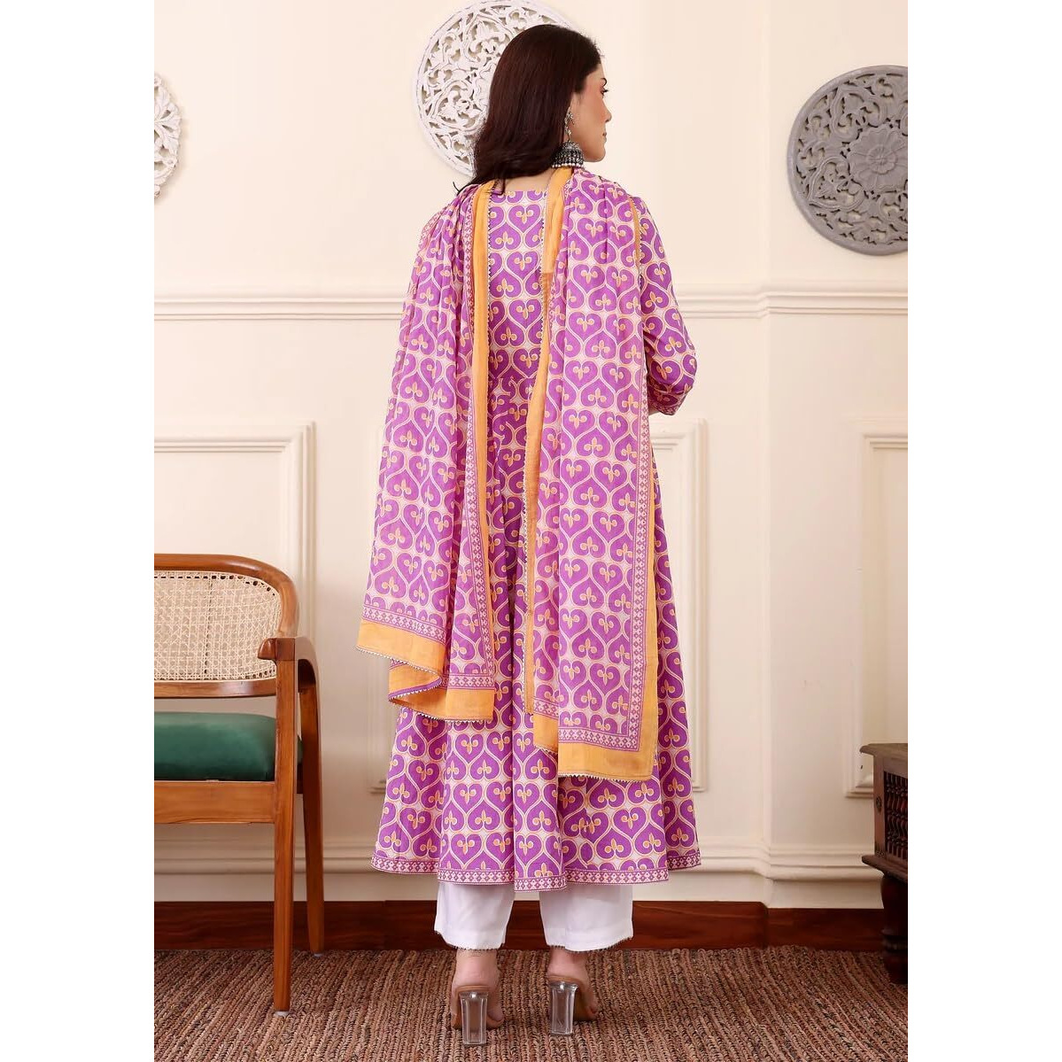 KLOSIA Women Printed Anarkali Kurta and Pant with Dupatta Set (in, Alpha, S, Pink)