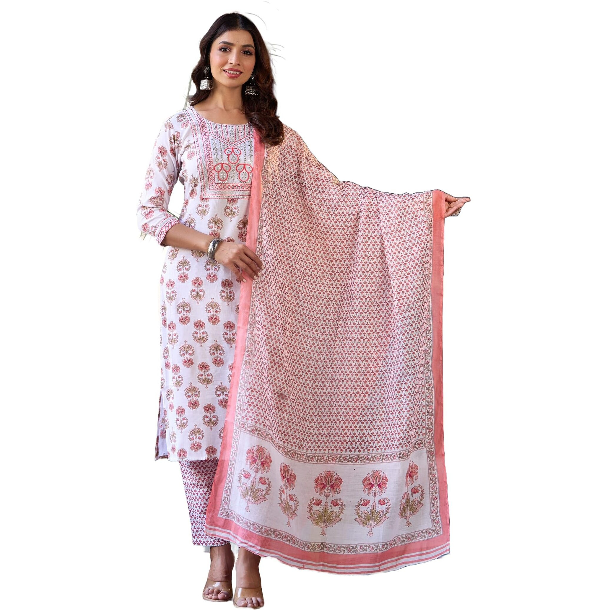 KLOSIA Women Straight Block Printed Kurta and Pant Set with Dupatta | Ethnic Set | Dupatta Set | Suit Set | Kurta Set | (Medium) White