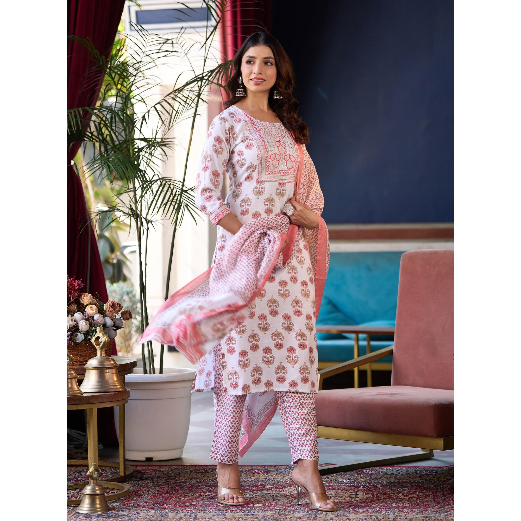KLOSIA Women Straight Block Printed Kurta and Pant Set with Dupatta | Ethnic Set | Dupatta Set | Suit Set | Kurta Set | (Medium) White