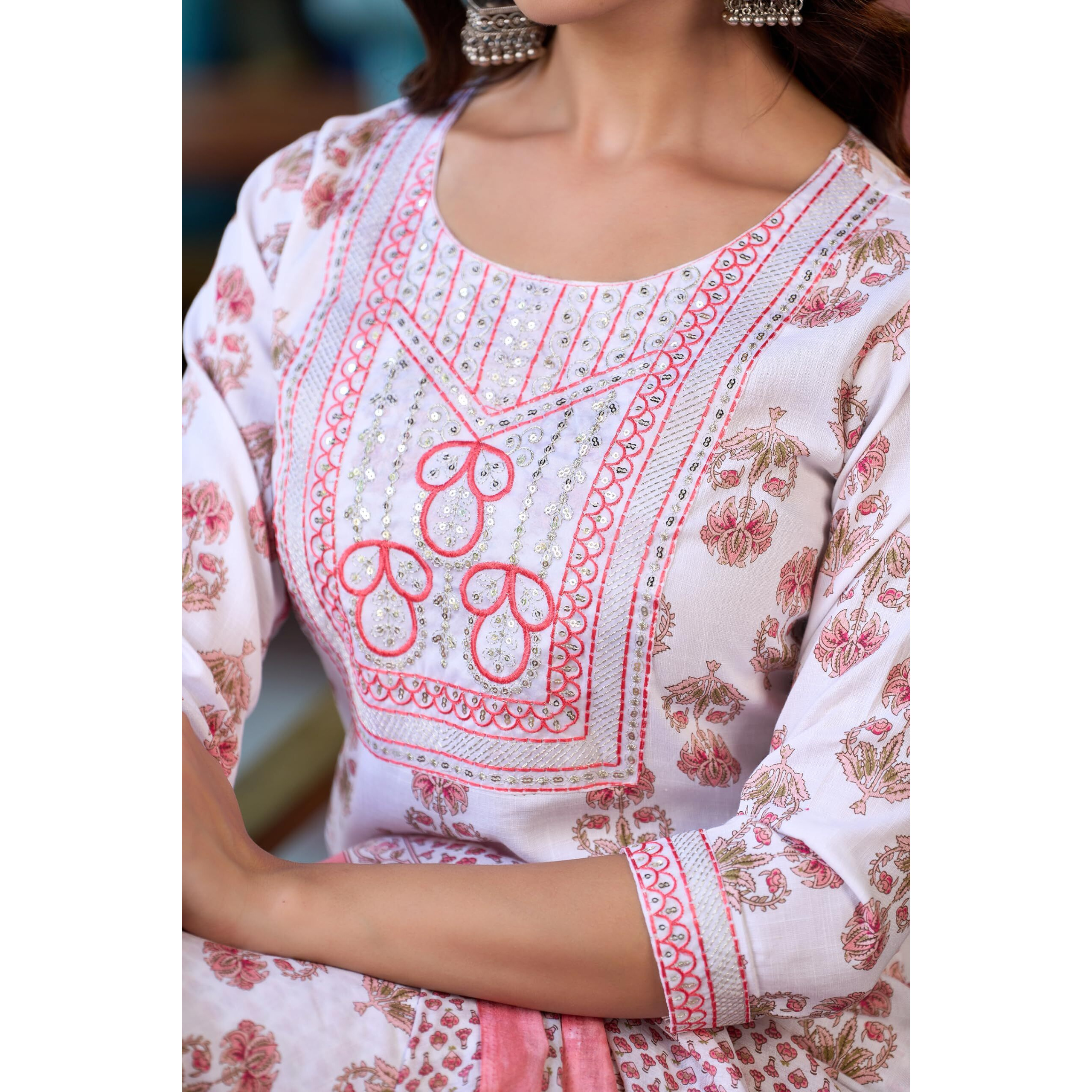 KLOSIA Women Straight Block Printed Kurta and Pant Set with Dupatta | Ethnic Set | Dupatta Set | Suit Set | Kurta Set | (Medium) White