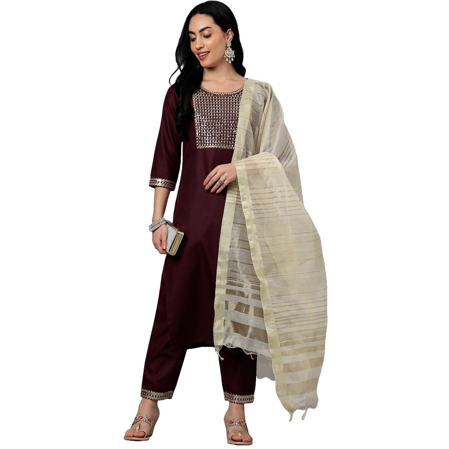 KLOSIA Women's Embroidery Cotton Blend Kurta Pant With Dupatta (Medium), Brown