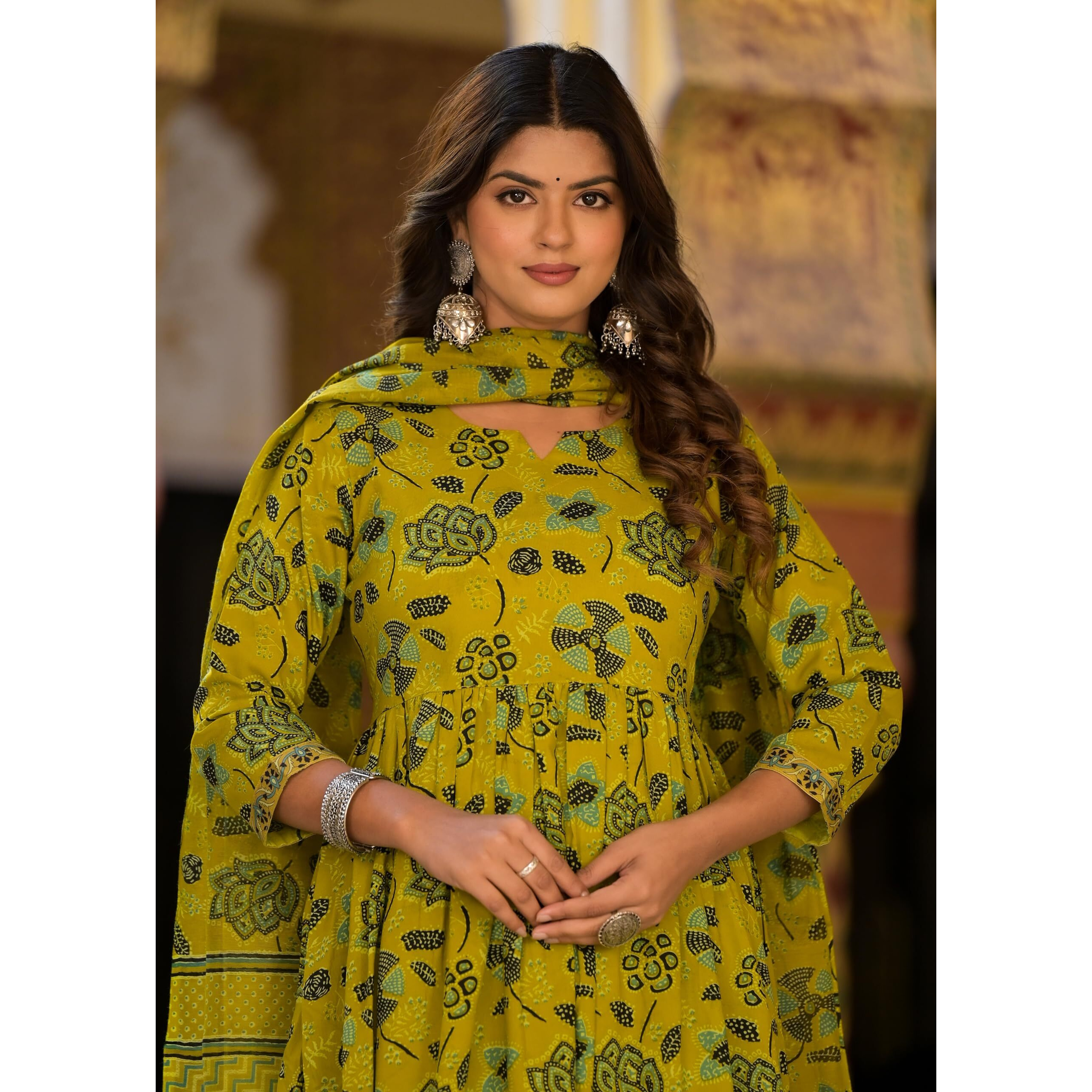 KLOSIA Women's Printed A-Line Kurta and Pant Set With Dupatta | Mustard Ethnic Suit Set | Large