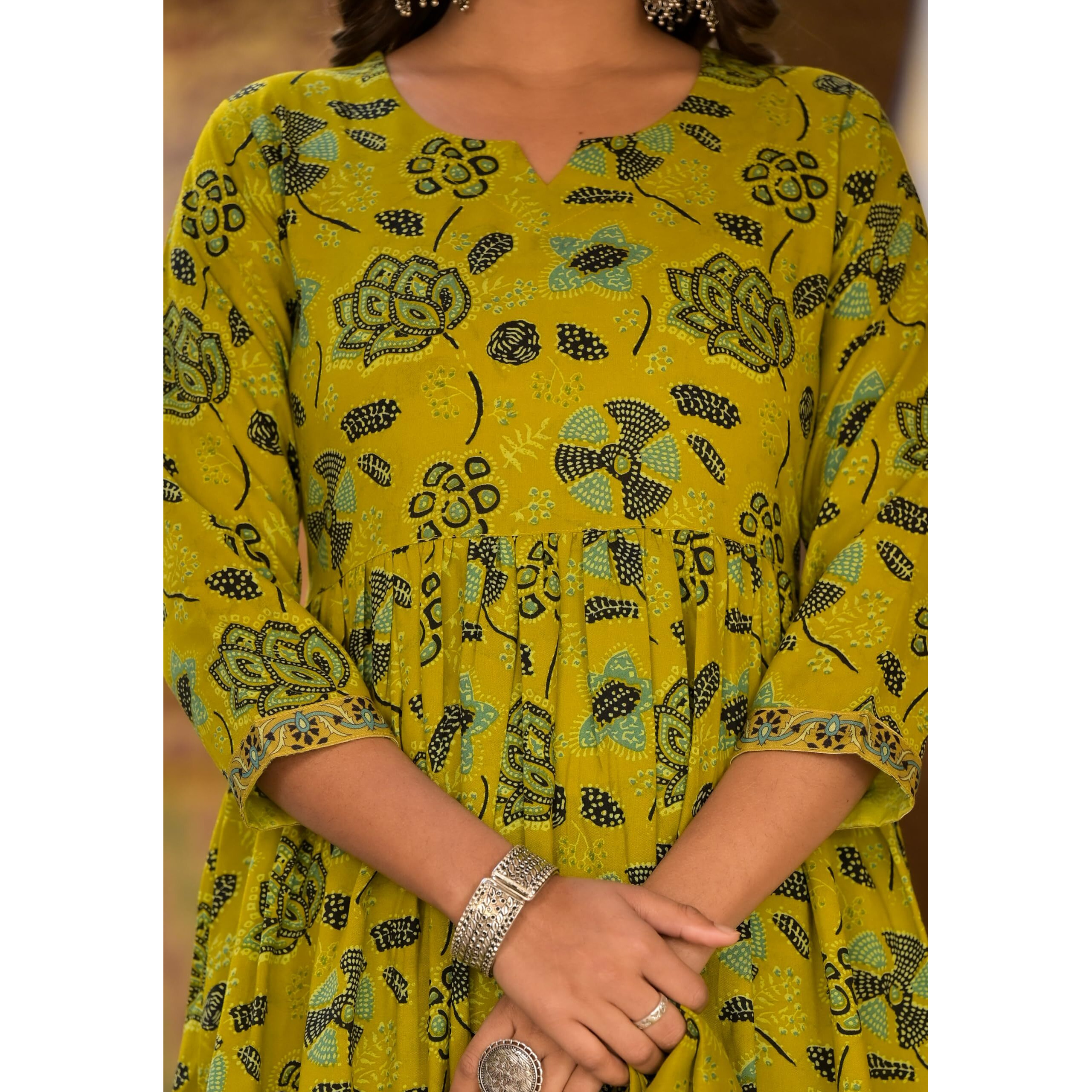 KLOSIA Women's Printed A-Line Kurta and Pant Set With Dupatta | Mustard Ethnic Suit Set | Large