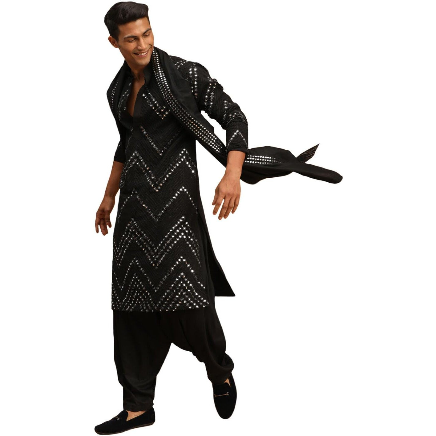 VASTRAMAY Men's Black Georgette Kurta and Patiala Set | Mirror work Black Georgette Kurta With Patiala and Dupatta