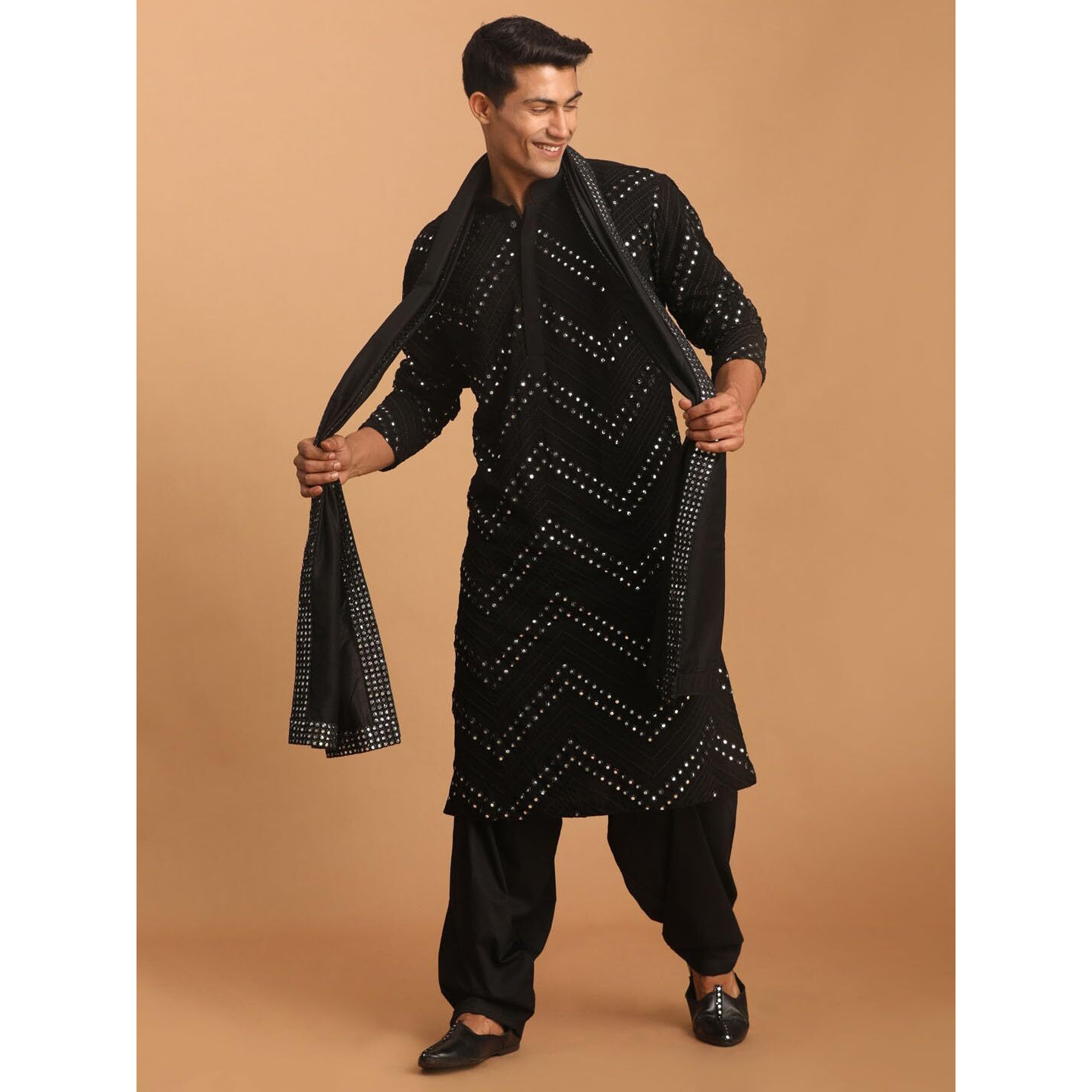 VASTRAMAY Men's Black Georgette Kurta and Patiala Set | Mirror work Black Georgette Kurta With Patiala and Dupatta
