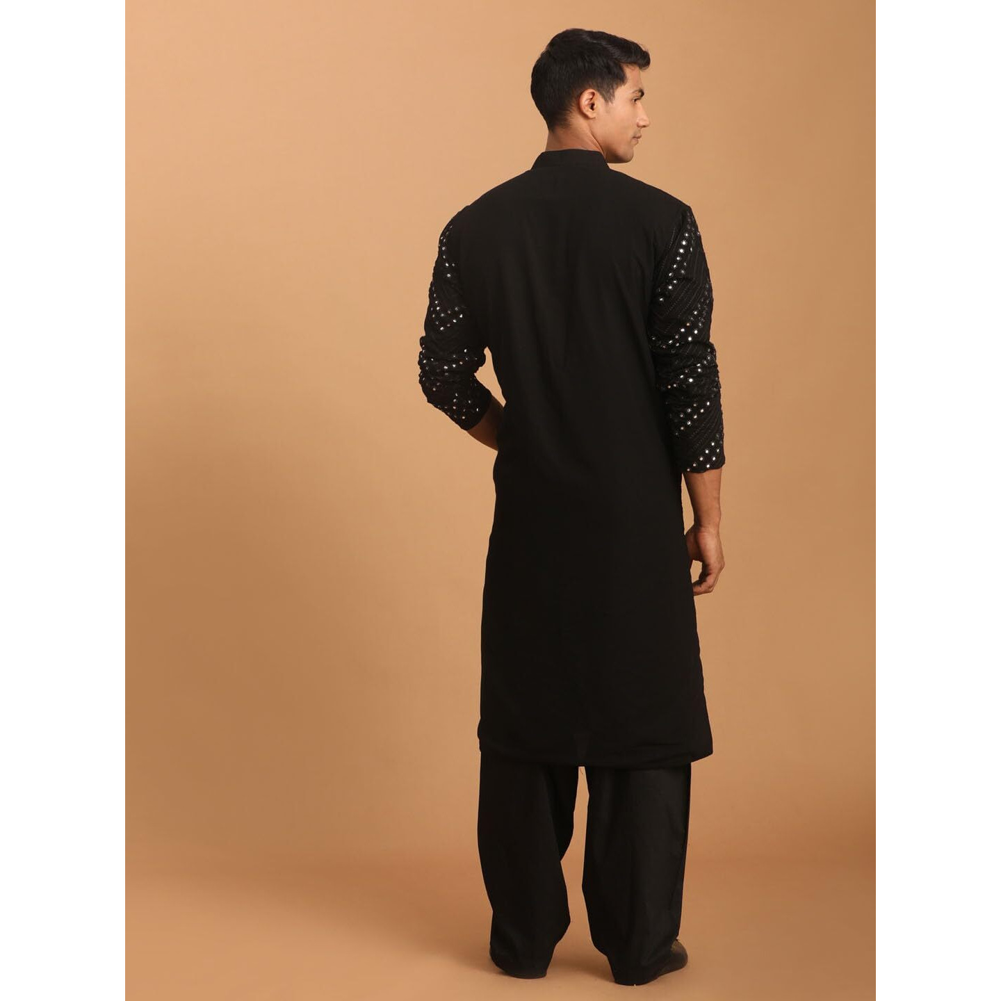 VASTRAMAY Men's Black Georgette Kurta and Patiala Set | Mirror work Black Georgette Kurta With Patiala and Dupatta