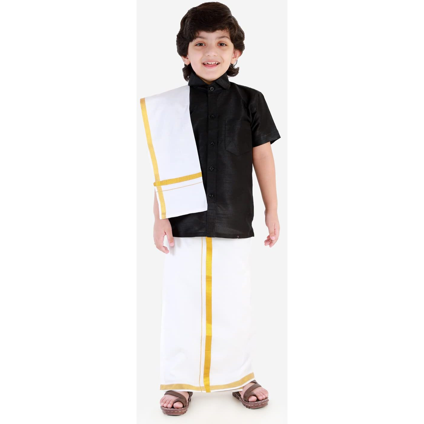 JBN Creation Boys' Black and White Silk Blend Shirt Mundu and Dupatta_VASBSH001BLnBMU001nD_22