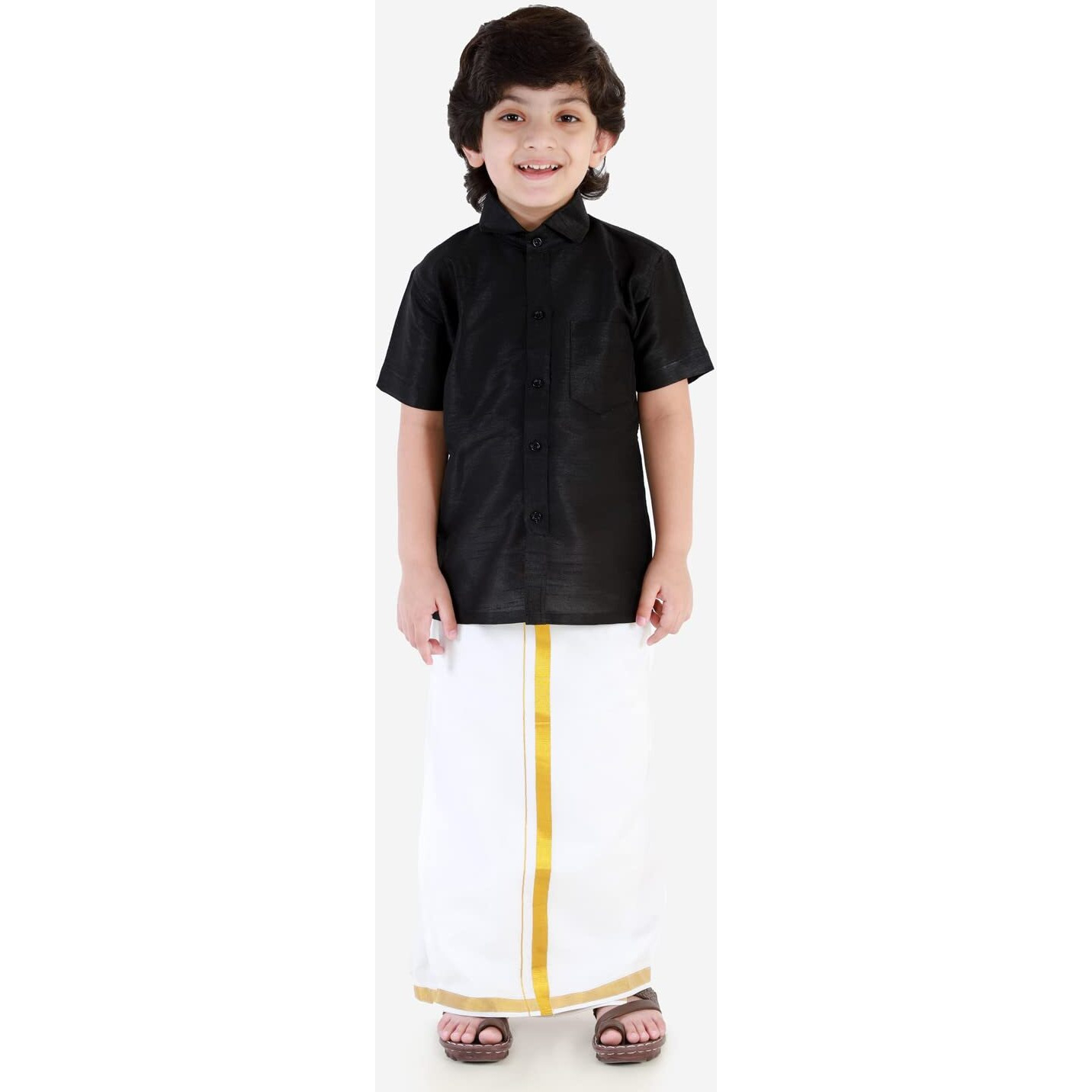 JBN Creation Boys' Black and White Silk Blend Shirt Mundu and Dupatta_VASBSH001BLnBMU001nD_22