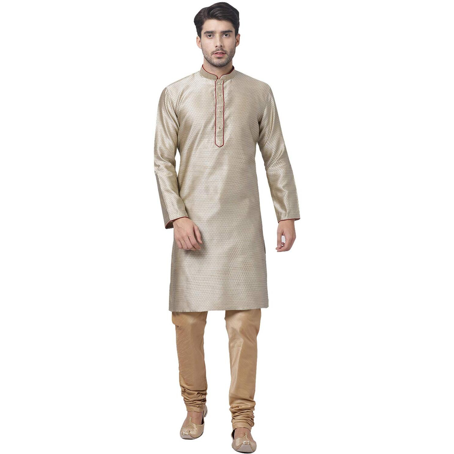 VASTRAMAY Men's Beige Cotton Silk Blend Kurta and Pyjama Set_VASMK047BGnPRG_46
