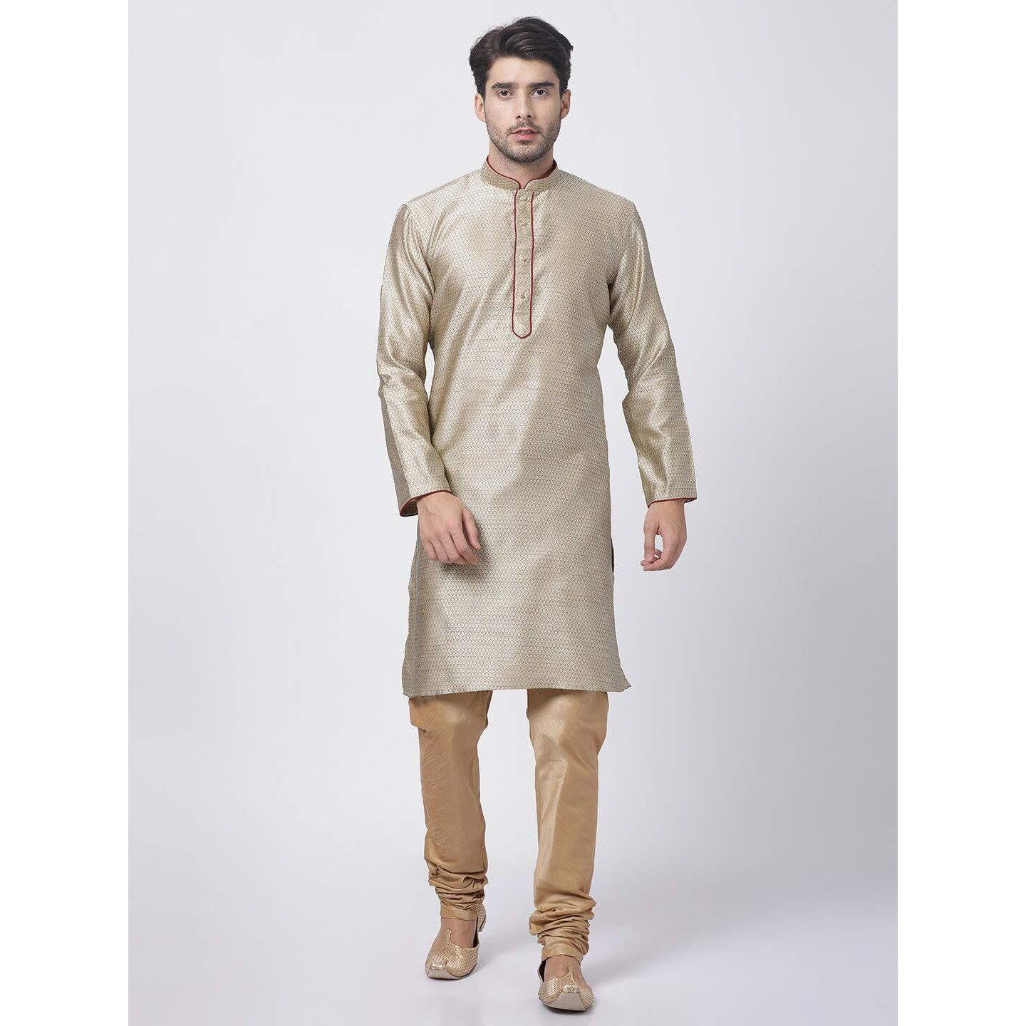 VASTRAMAY Men's Beige Cotton Silk Blend Kurta and Pyjama Set_VASMK047BGnPRG_46