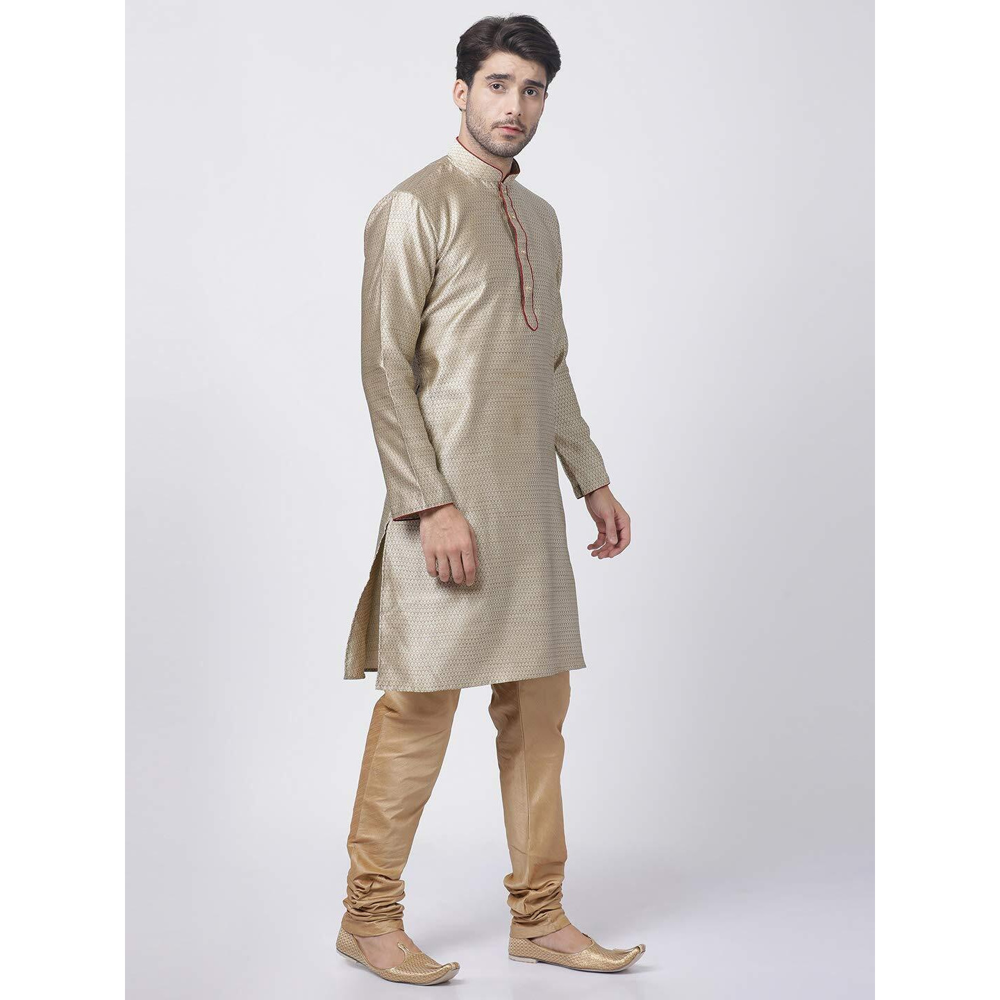 VASTRAMAY Men's Beige Cotton Silk Blend Kurta and Pyjama Set_VASMK047BGnPRG_46