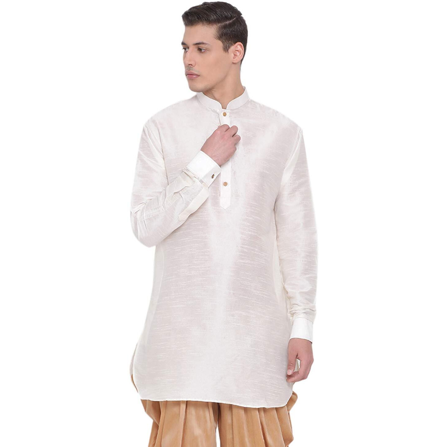 VASTRAMAY Men's Cream Silk Blend Mid Length Kurta_VASMUK001CR_36