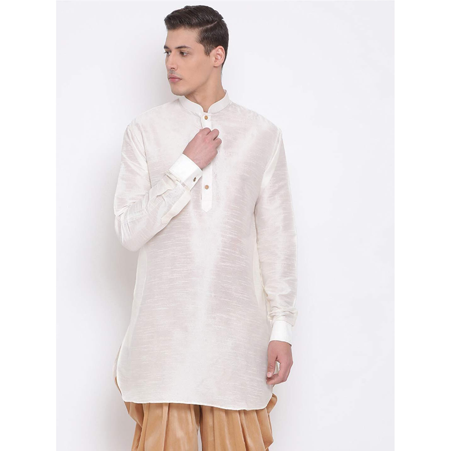 VASTRAMAY Men's Cream Silk Blend Mid Length Kurta_VASMUK001CR_36