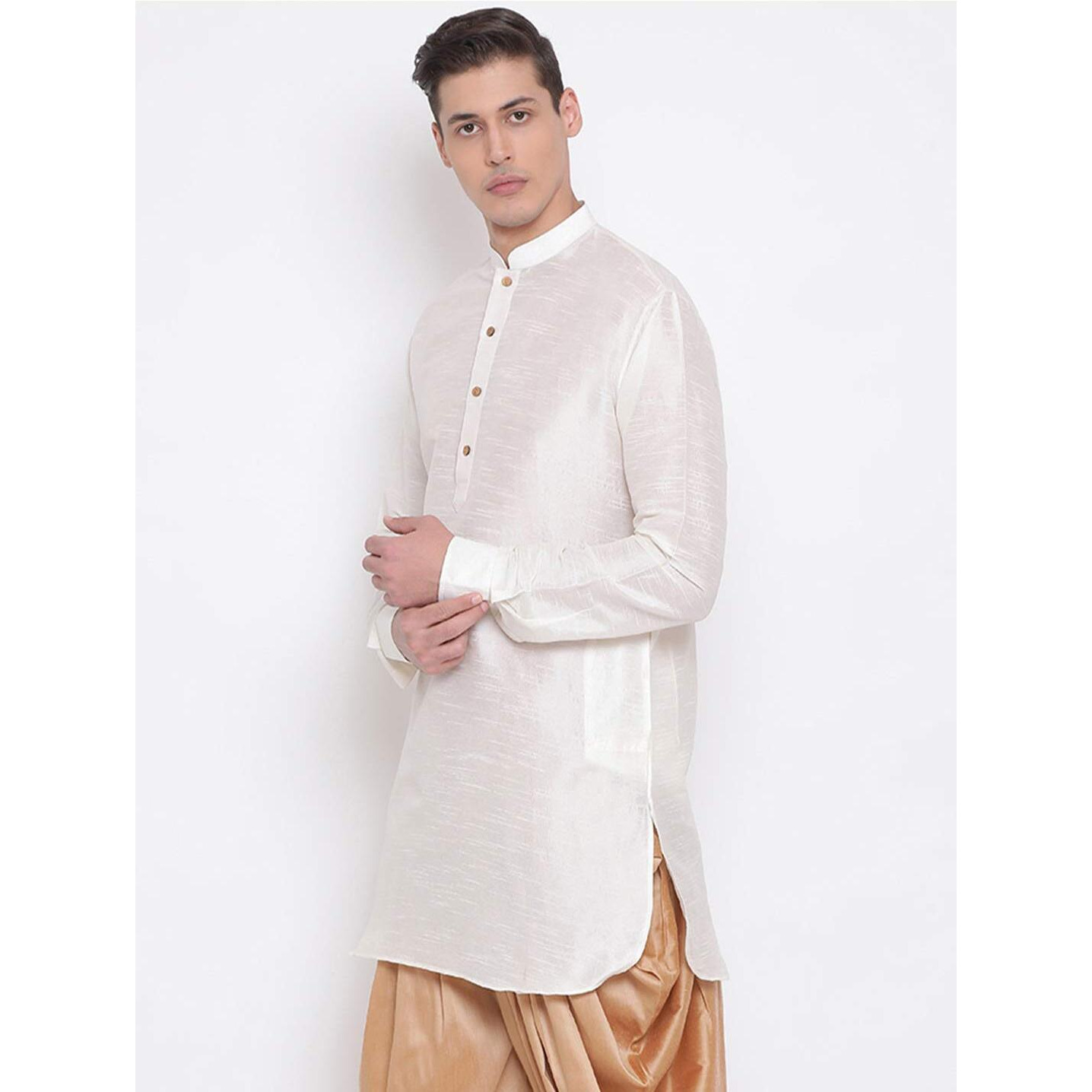 VASTRAMAY Men's Cream Silk Blend Mid Length Kurta_VASMUK001CR_36