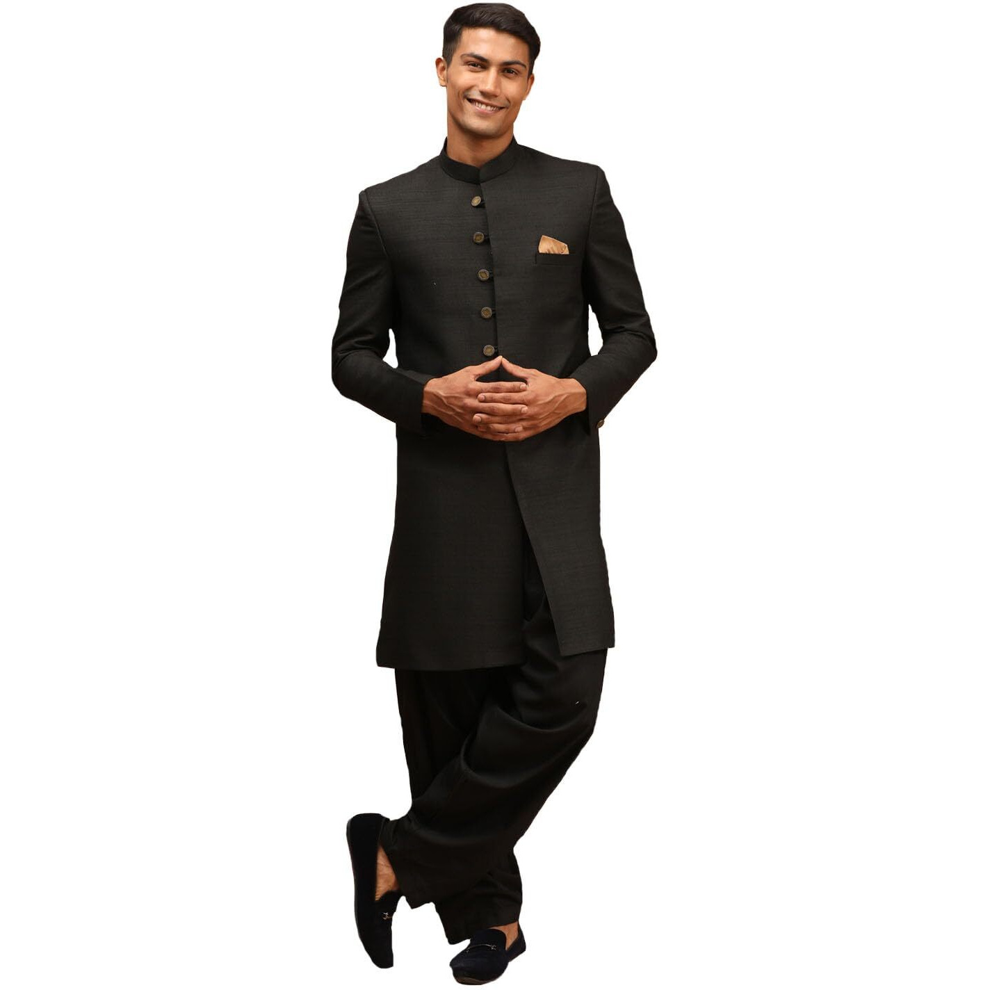 VASTRAMAY Men's Black Silk Blend Sherwani Set | Imported Fabric Designer Indowestern And Pant style Pyjama Set