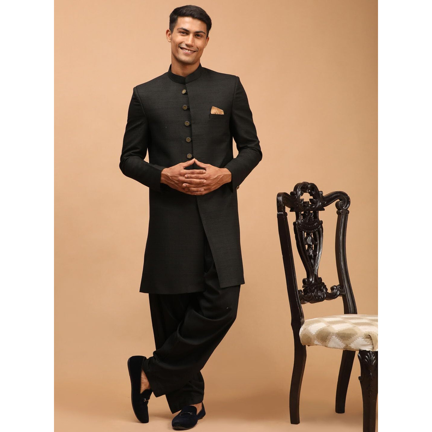VASTRAMAY Men's Black Silk Blend Sherwani Set | Imported Fabric Designer Indowestern And Pant style Pyjama Set