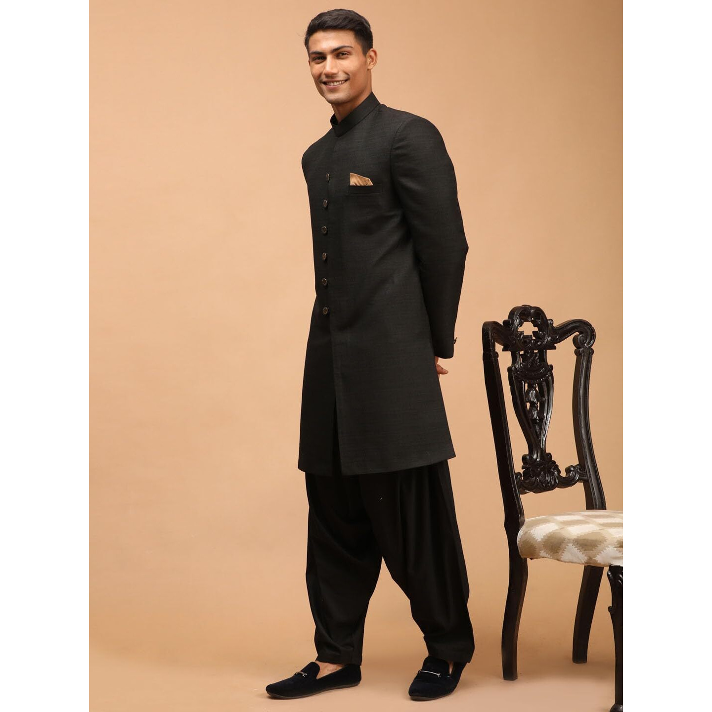 VASTRAMAY Men's Black Silk Blend Sherwani Set | Imported Fabric Designer Indowestern And Pant style Pyjama Set