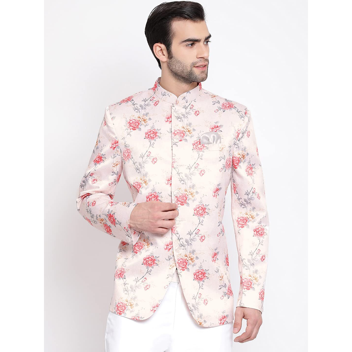 VASTRAMAY Mens Silk Blend Peach Blazer - Timeless Style, Versatile Elegance, and Superior Comfort | Floral Digitally Printed Jodhpuri Jacket for Formal and Casual Occasions