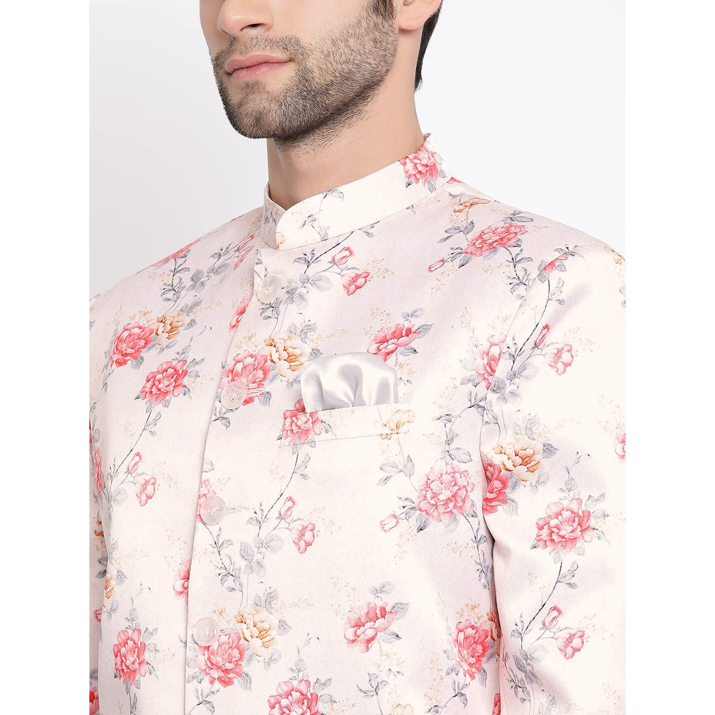 VASTRAMAY Mens Silk Blend Peach Blazer - Timeless Style, Versatile Elegance, and Superior Comfort | Floral Digitally Printed Jodhpuri Jacket for Formal and Casual Occasions