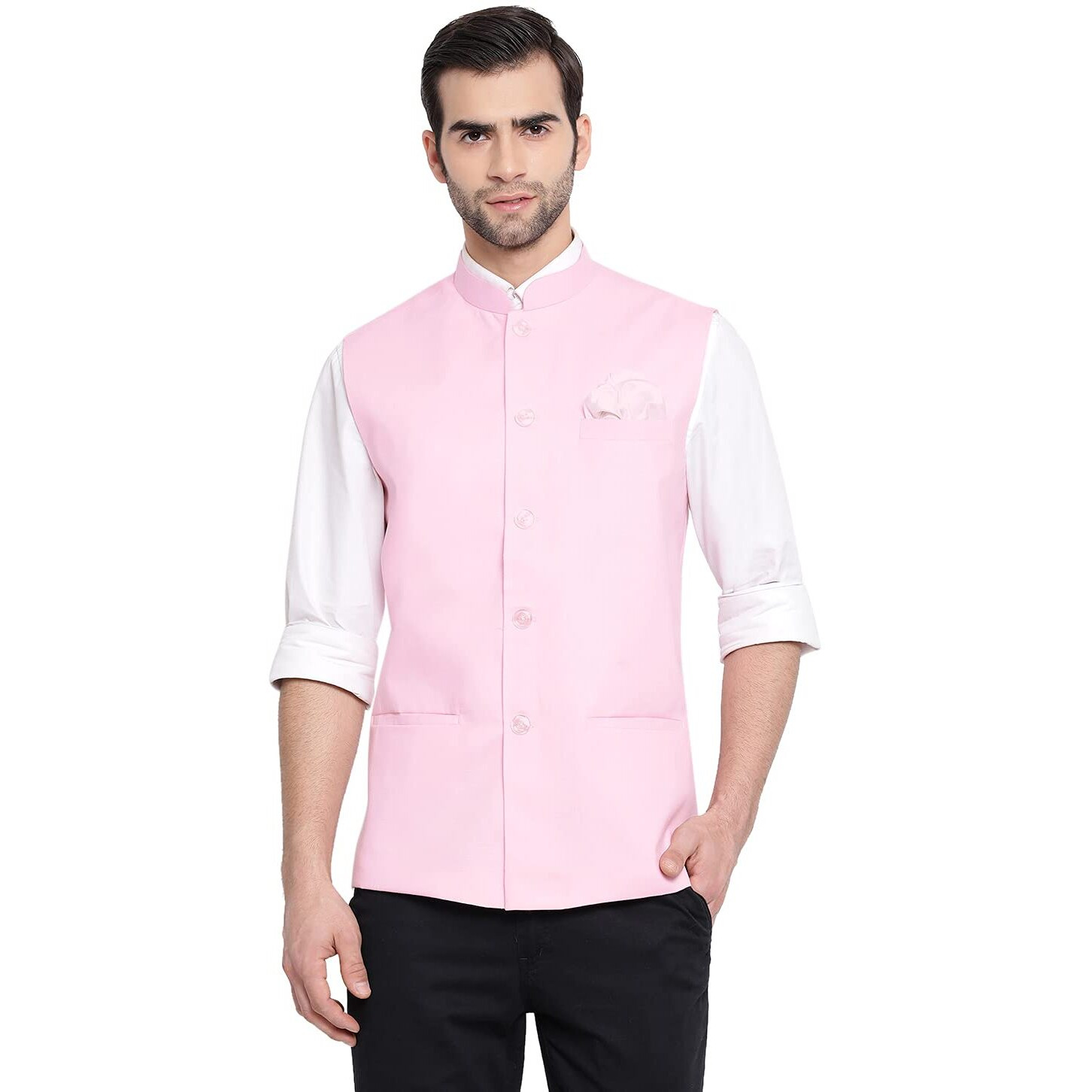 VASTRAMAY Mens Cotton Blend Pink Nehru Jacket - Timeless Style & Versatility | Classic Royal Pastal Ethnic Sleeveless Coat for Formal & Casual Wear_VASMJ049PN_40