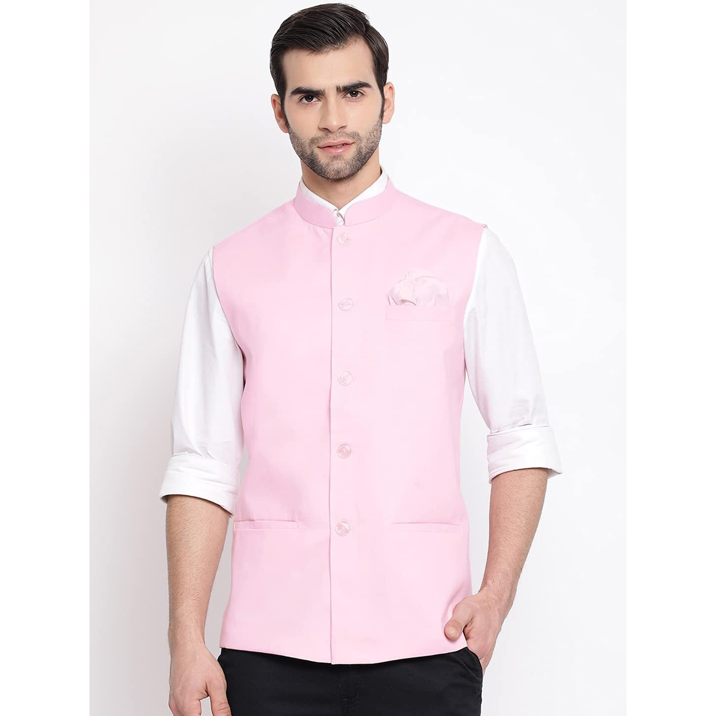 VASTRAMAY Mens Cotton Blend Pink Nehru Jacket - Timeless Style & Versatility | Classic Royal Pastal Ethnic Sleeveless Coat for Formal & Casual Wear_VASMJ049PN_40