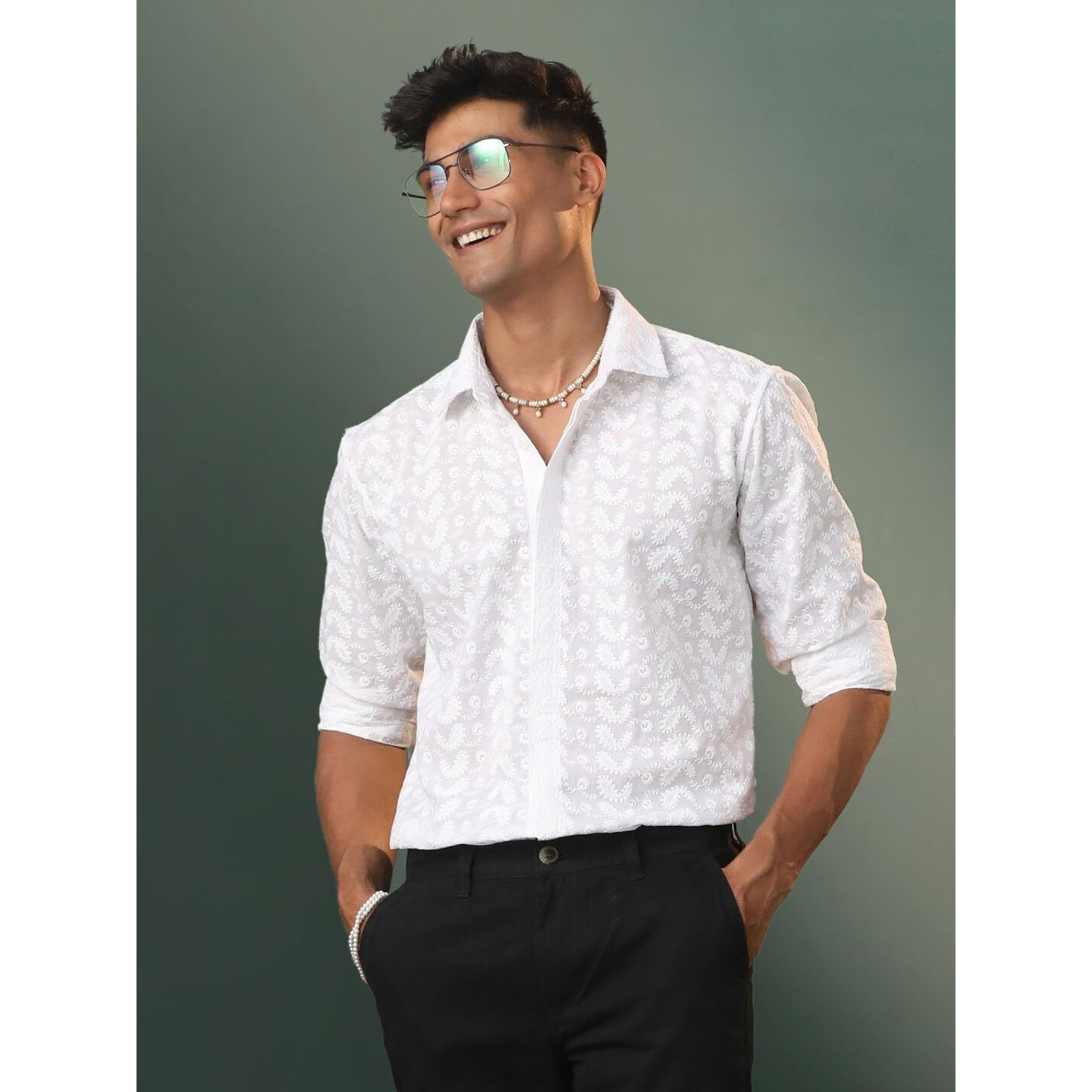 VASTRAMAY Men's Cotton Ethnic Shirt I Slim Fit Solid Chikankari Regular Shirt I Everyday Casual Summer Ease Long Sleeves Shirts_VSHVMSH094WHD_40 White