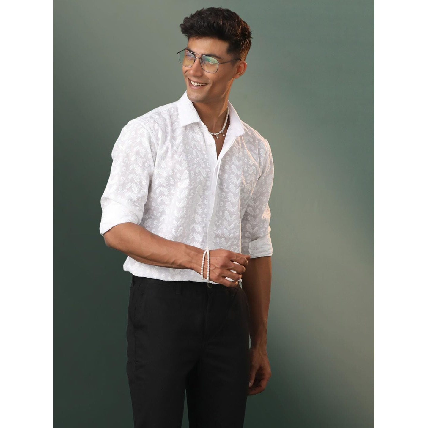 VASTRAMAY Men's Cotton Ethnic Shirt I Slim Fit Solid Chikankari Regular Shirt I Everyday Casual Summer Ease Long Sleeves Shirts_VSHVMSH094WHD_40 White