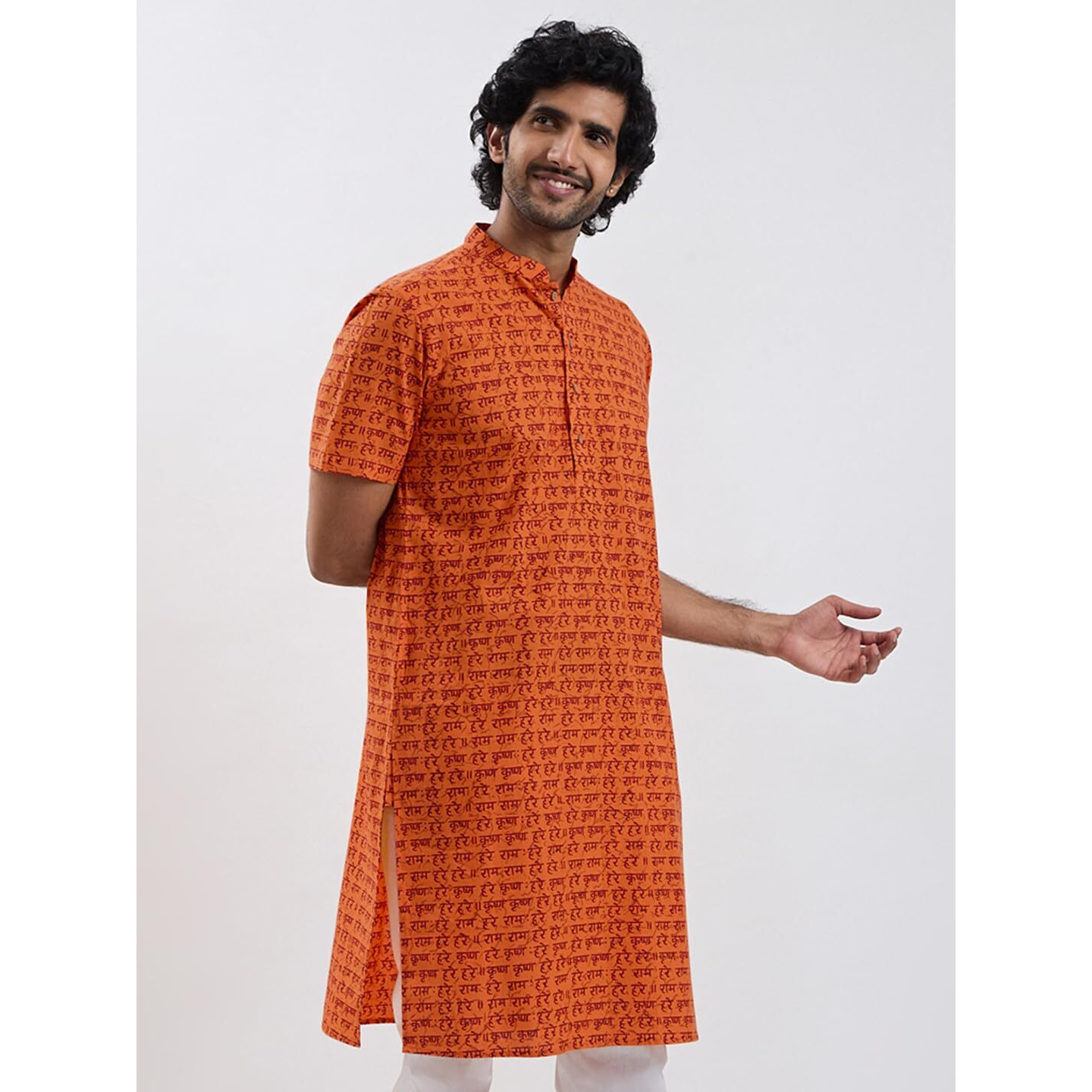 VASTRAMAY Mens Hare Krishna Hare Ram Short-Sleeve Kurta  Lightweight & Spiritual Ethnic Wear for Pujas, Festivals, and Shivratri Orange