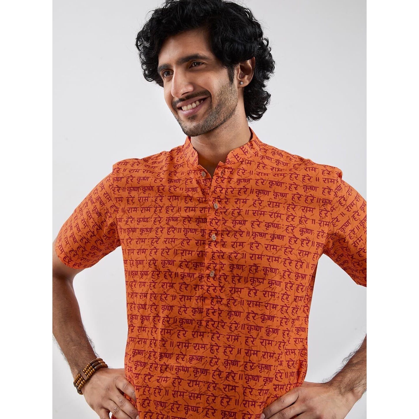 VASTRAMAY Mens Hare Krishna Hare Ram Short-Sleeve Kurta  Lightweight & Spiritual Ethnic Wear for Pujas, Festivals, and Shivratri Orange